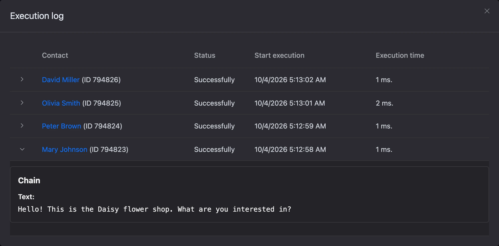 The "Execution log" window: contacts, status, start time and duration, an expanded entry