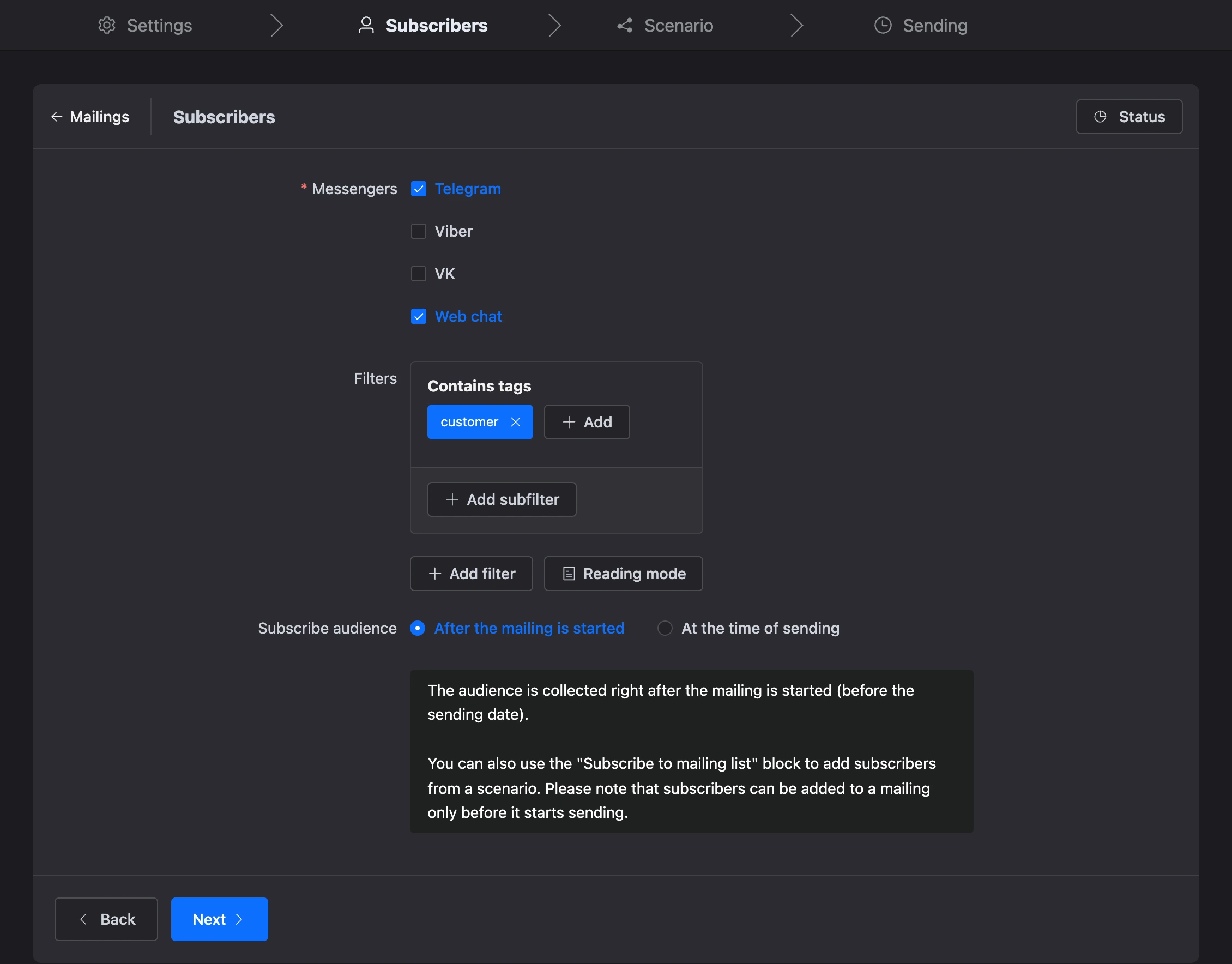 The "Subscribers" step: channels, a filter by tag and the time the audience is collected