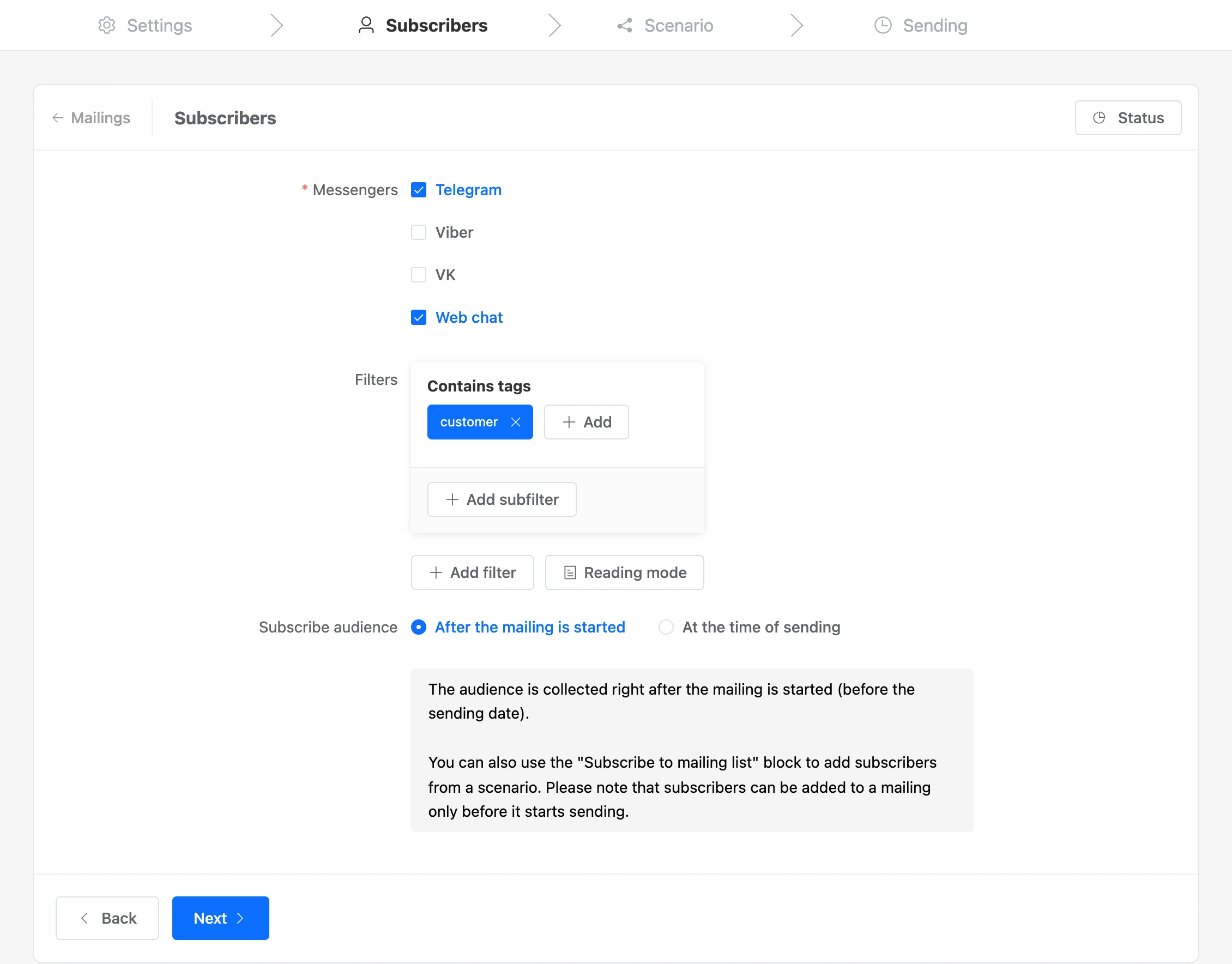 The "Subscribers" step: channels, a filter by tag and the time the audience is collected