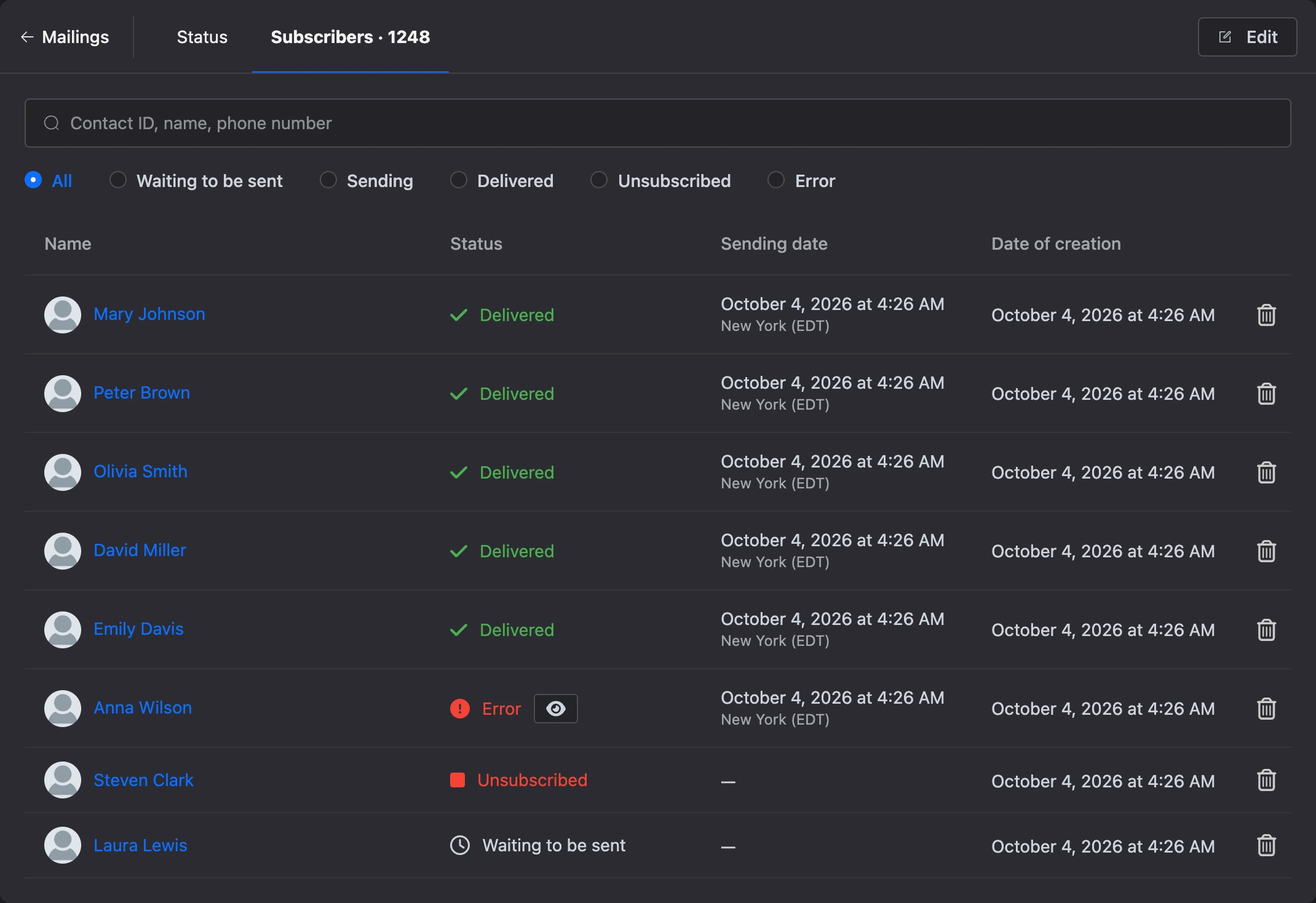 The "Subscribers" tab: search, state filter, recipients with their state and sending time