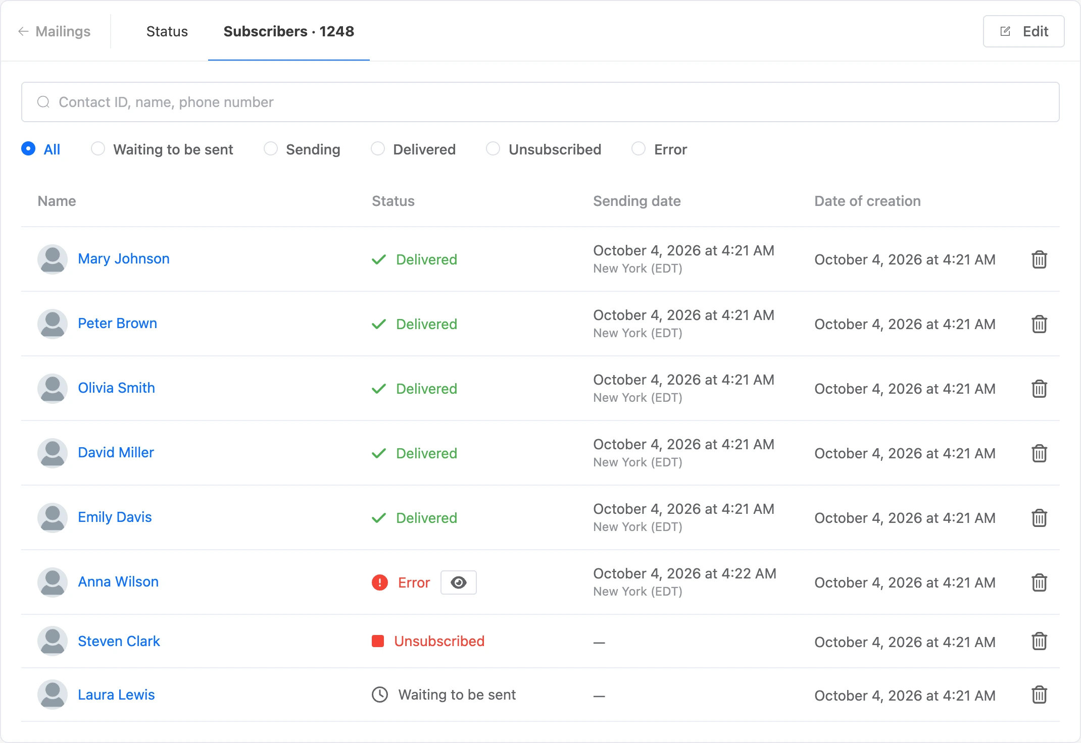 The "Subscribers" tab: search, state filter, recipients with their state and sending time
