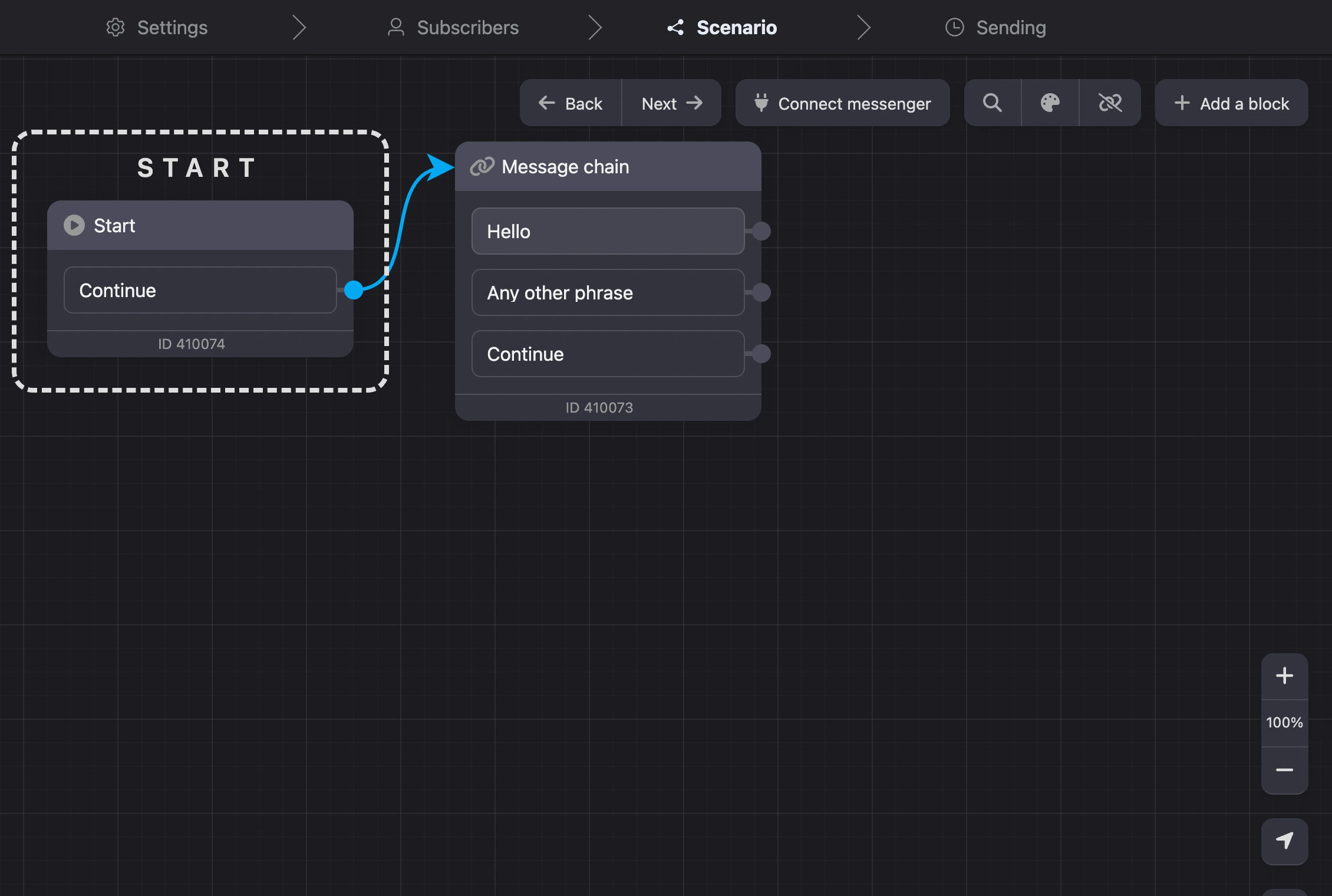 A mailing scenario in the builder — the "Scenario" step when creating a mailing