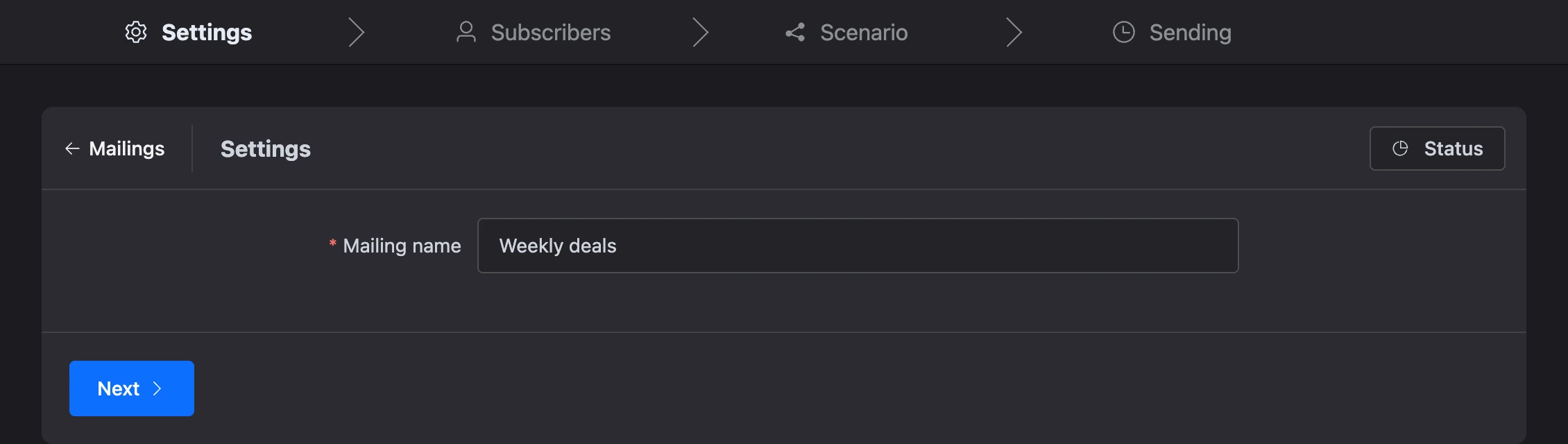 Settings step: the mailing name