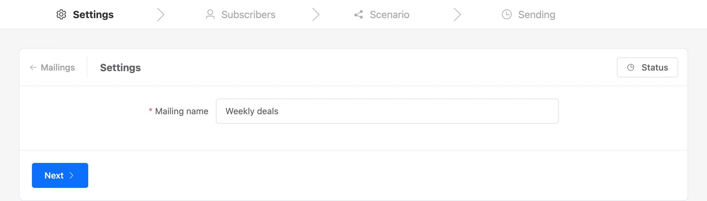 Settings step: the mailing name