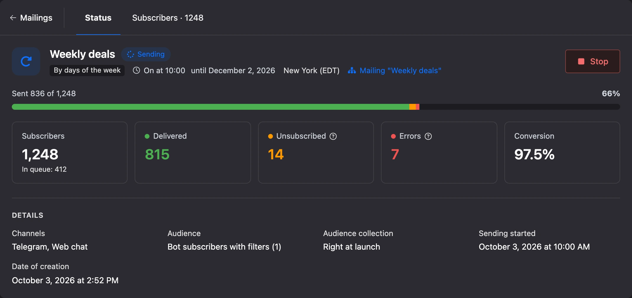 The mailing's page: sending progress, counters and details
