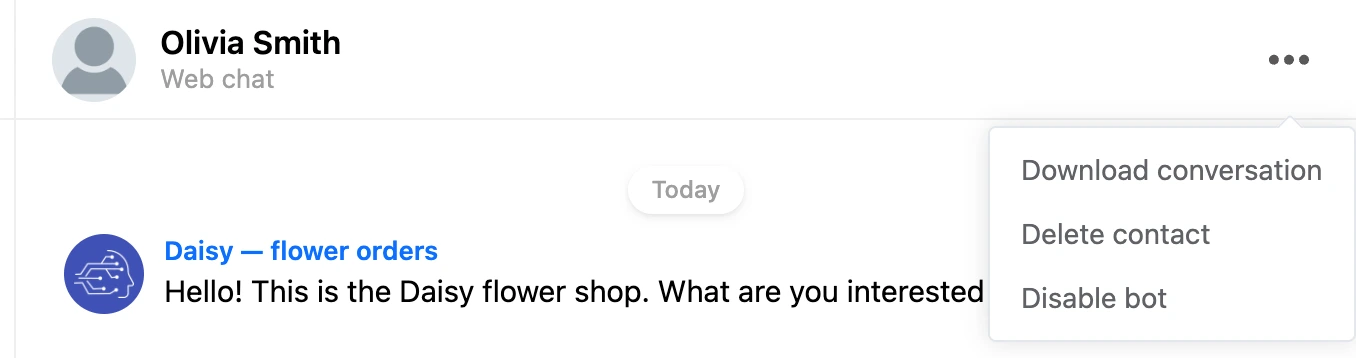 The "⋯" menu in the conversation header: download dialogue, delete contact, disable bot