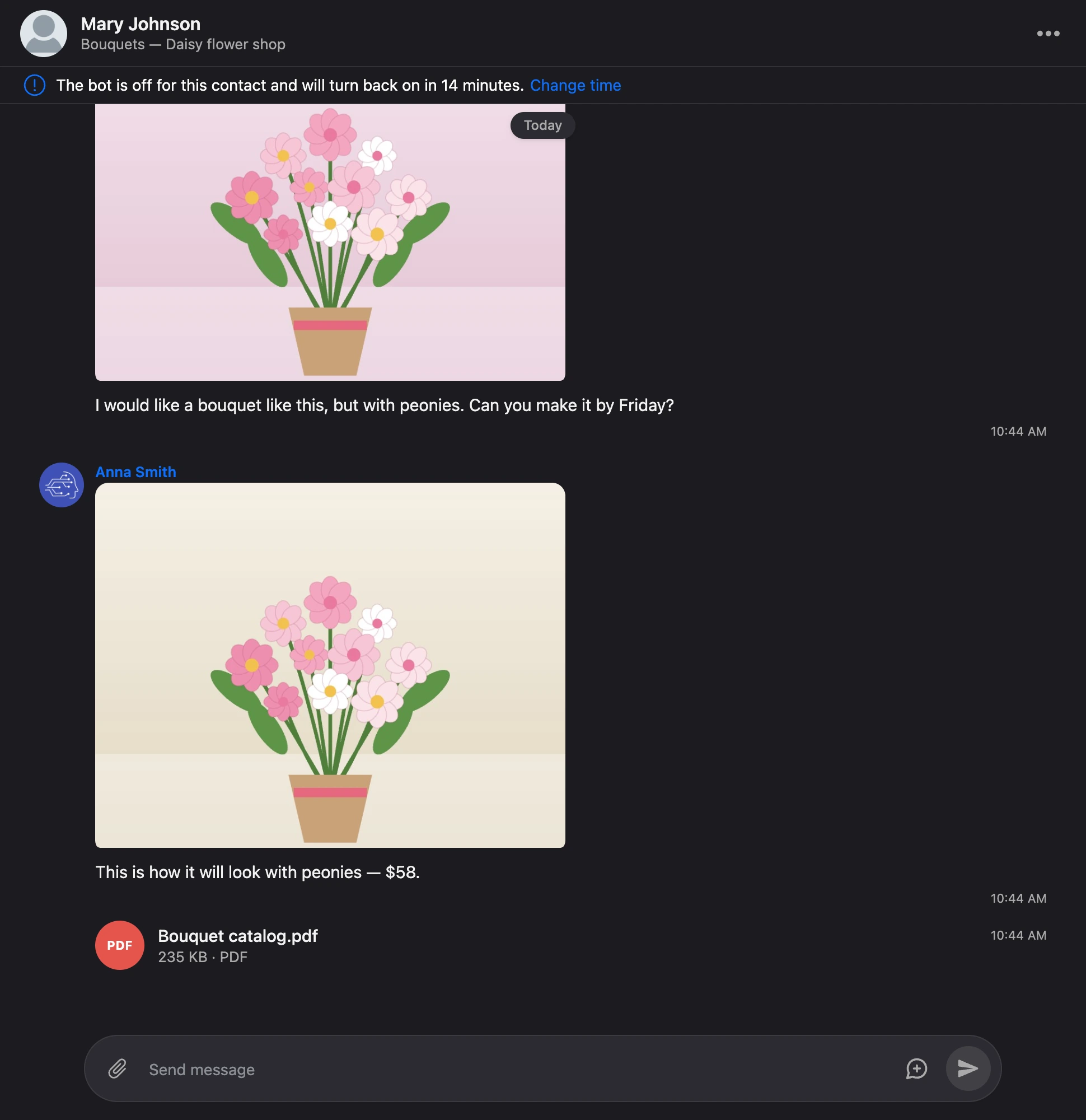 A conversation: the header shows the contact's name and the website page, below are a photo from the person and a photo and a file from a team member