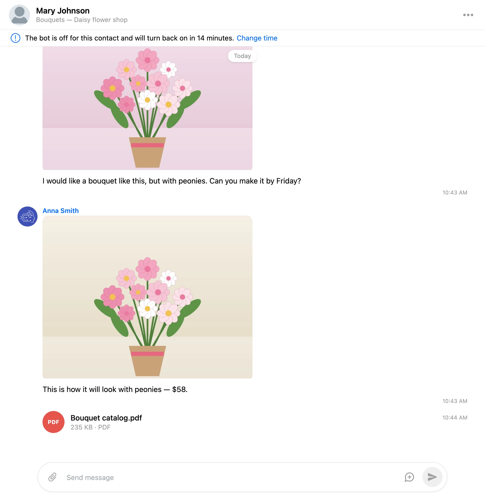A conversation: the header shows the contact's name and the website page, below are a photo from the person and a photo and a file from a team member