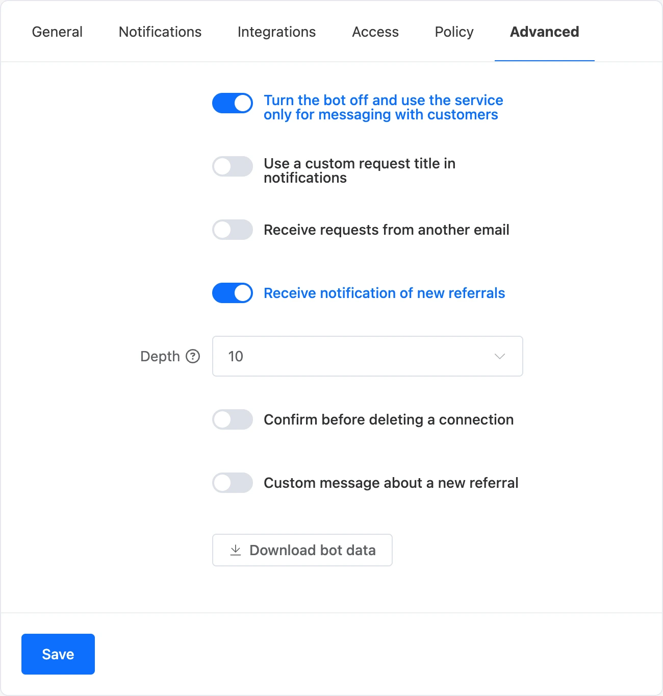 The "Advanced" tab of the bot settings: messaging-only mode is on