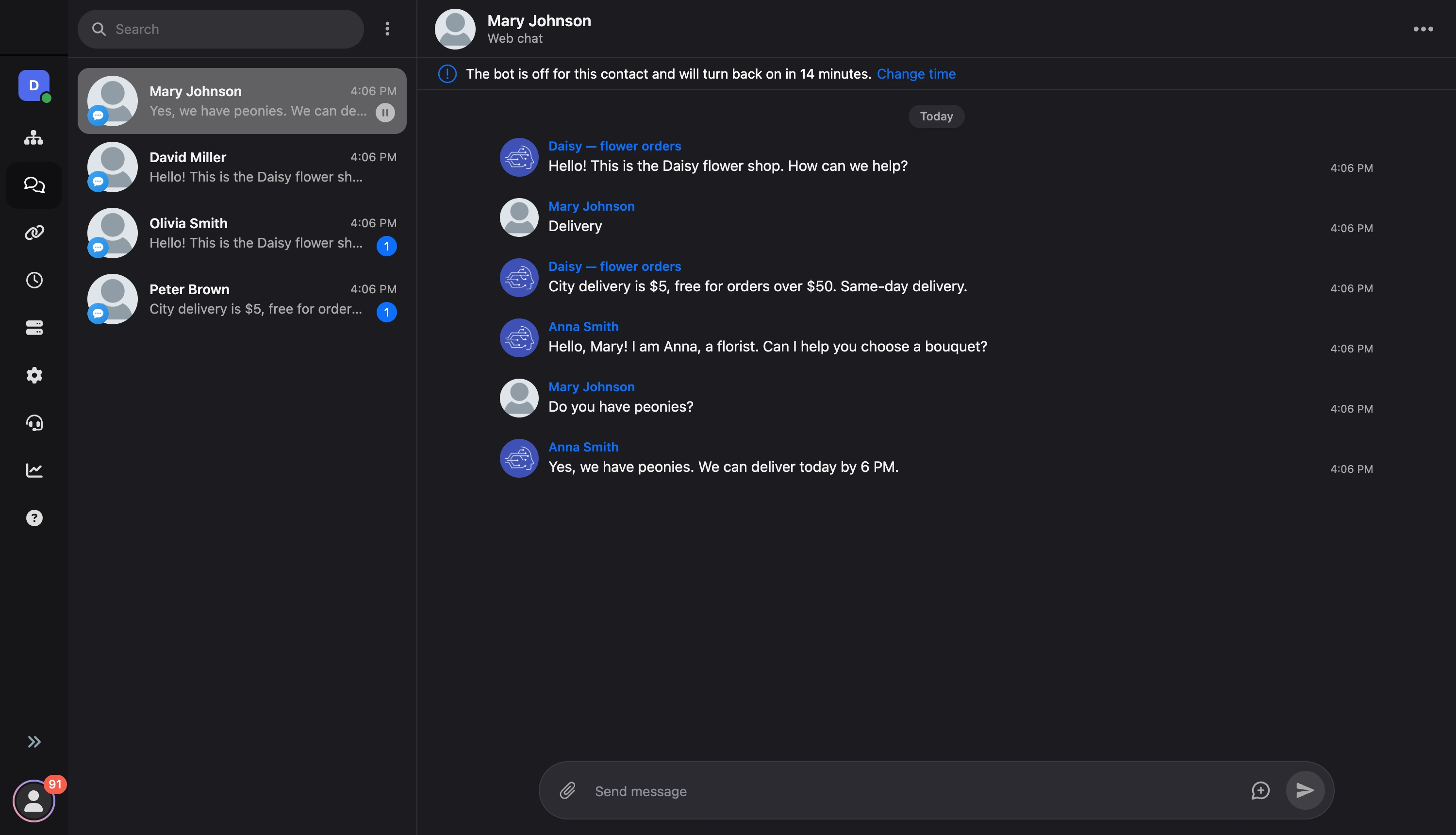 Messages section: dialog list, conversation and contact card