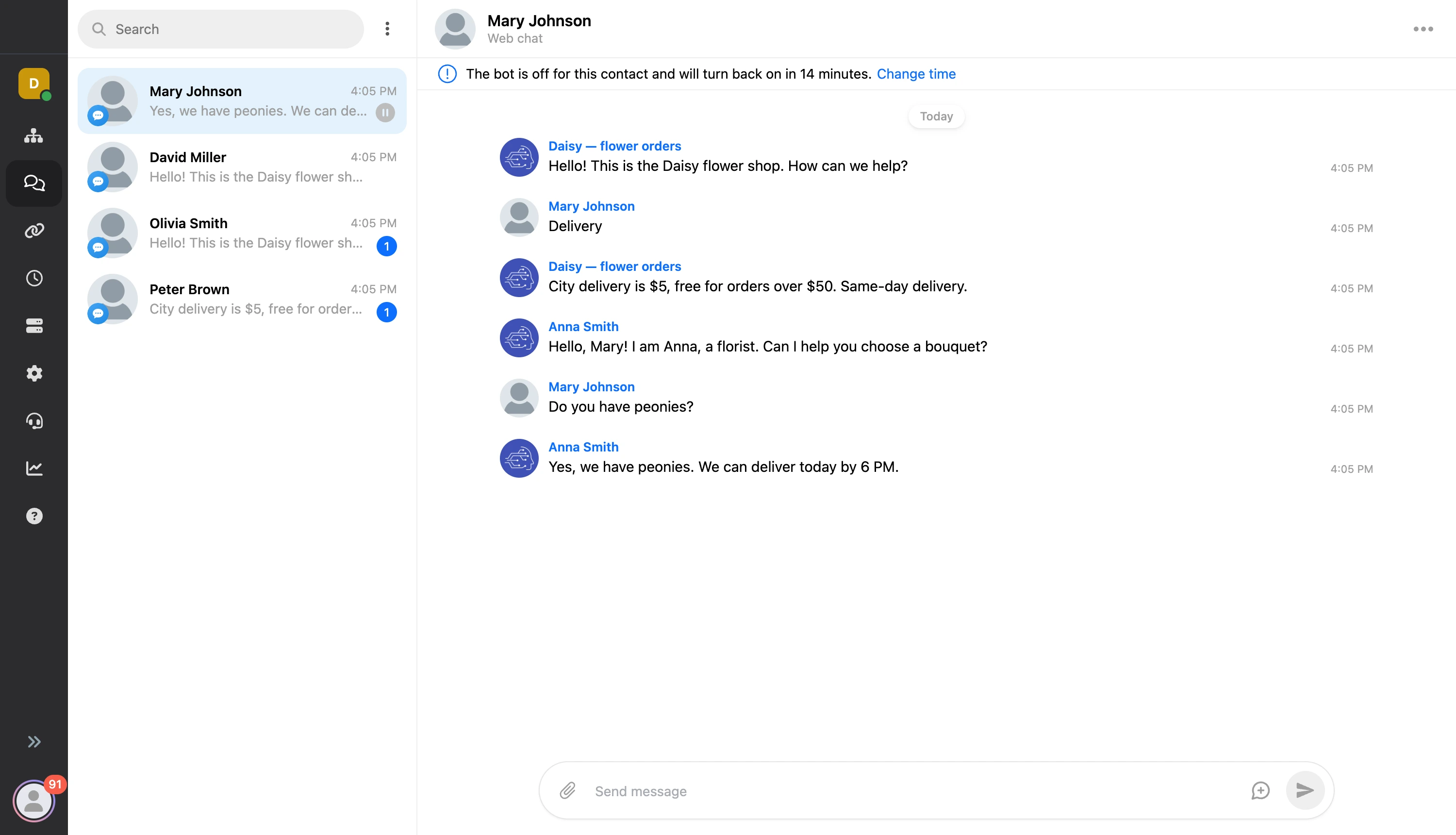 Messages section: dialog list, conversation and contact card