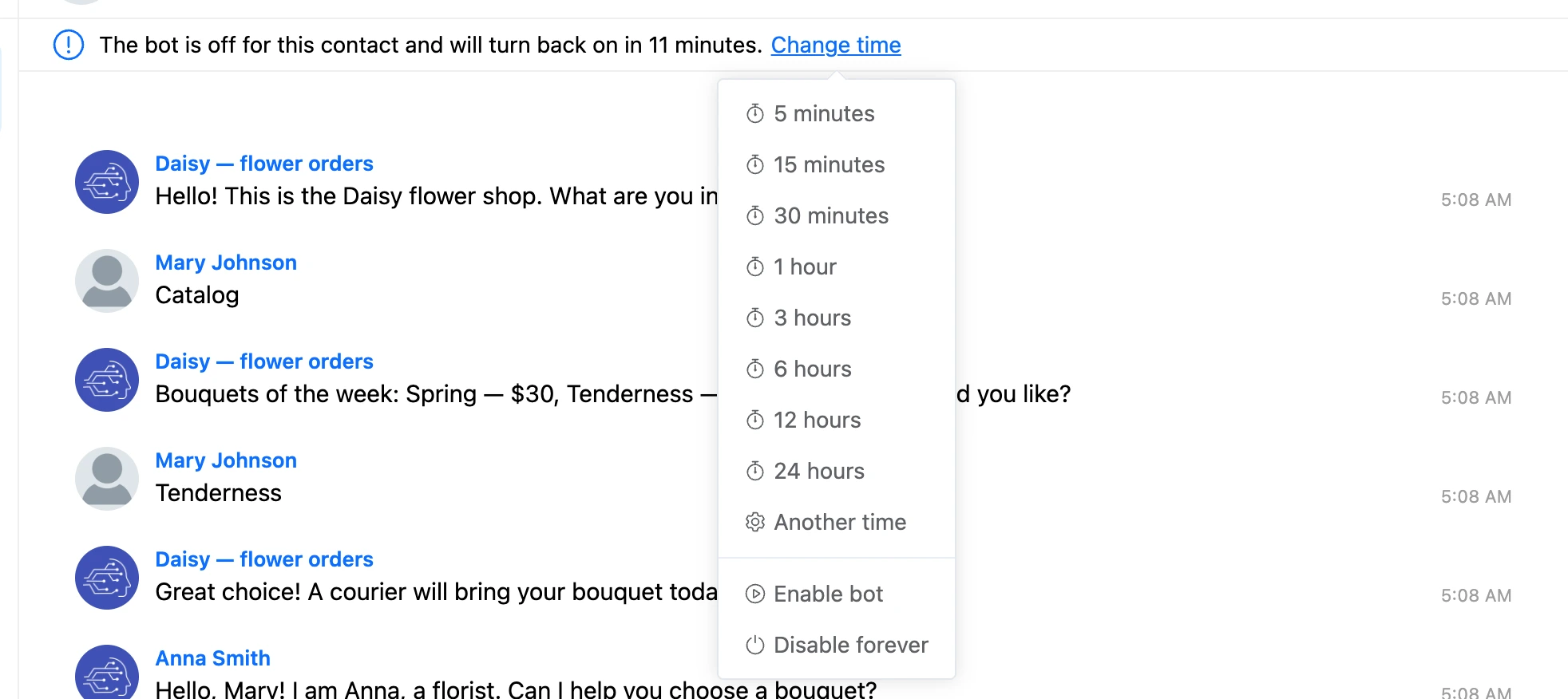 The "Set time" menu: from 5 minutes to 24 hours, "Other time", "Enable bot", "Disable forever"