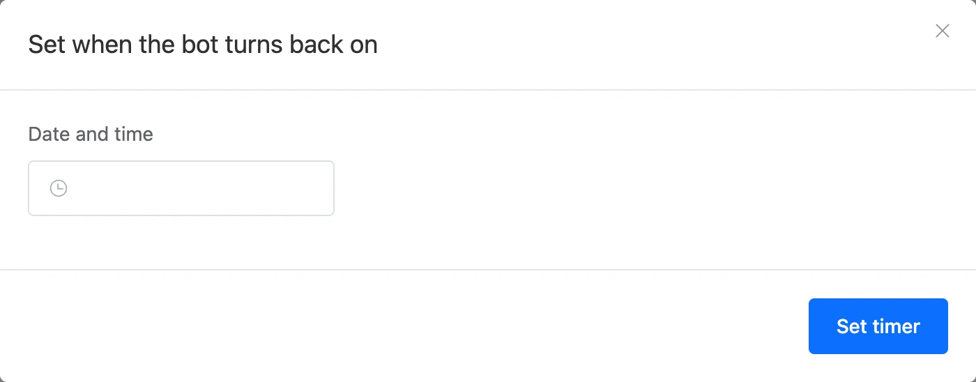 The "Bot activation timer" window with the "Date and time" field