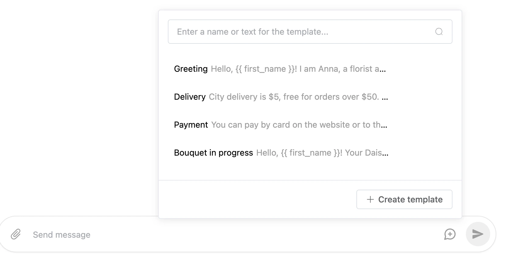 The reply templates window above the input field: search, the list of templates and the "Create template" button