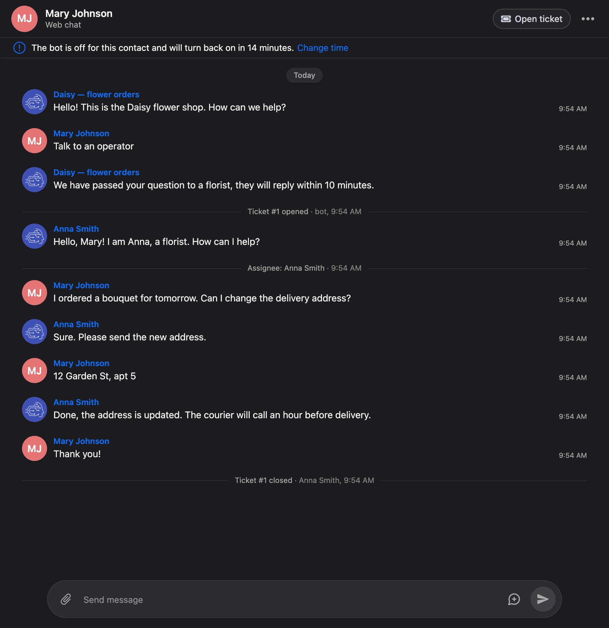 The ticket history in the feed: the bot opened the ticket, Anna Smith became the assignee and closed it