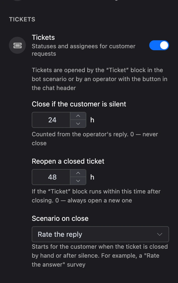 The "Tickets" block in the section settings: closing after 24 hours of silence, reopening within 48 hours, the "Rate the reply" scenario on close