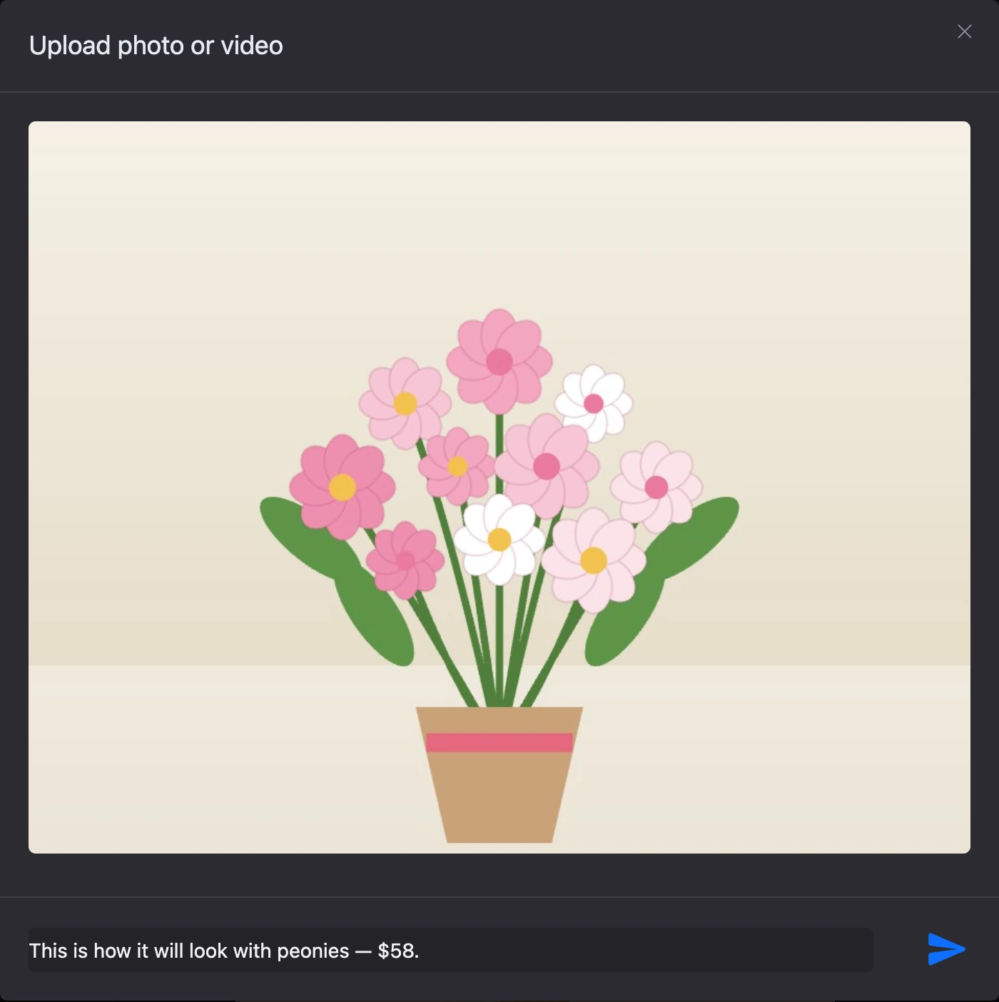 The "Upload photo or video" window with an image and a filled-in description