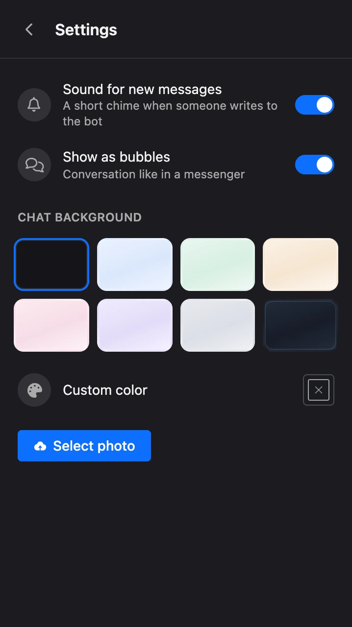 Section settings: sound, conversation view and background