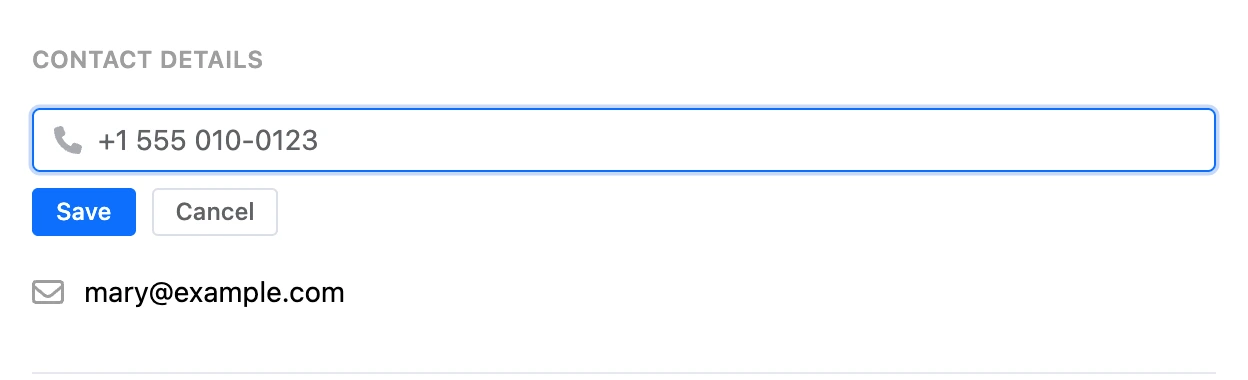 The "Contact" section: entering a phone number with "Save" and "Cancel"