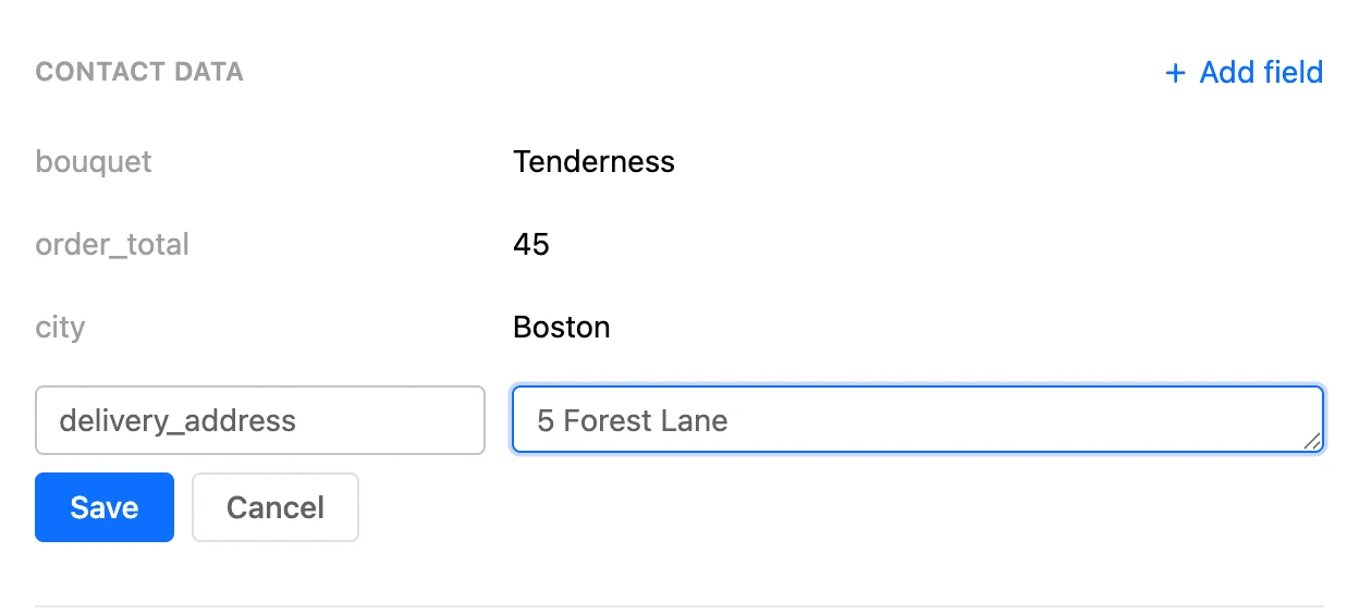 The "Contact data" section: variables and a new field with a name and a value