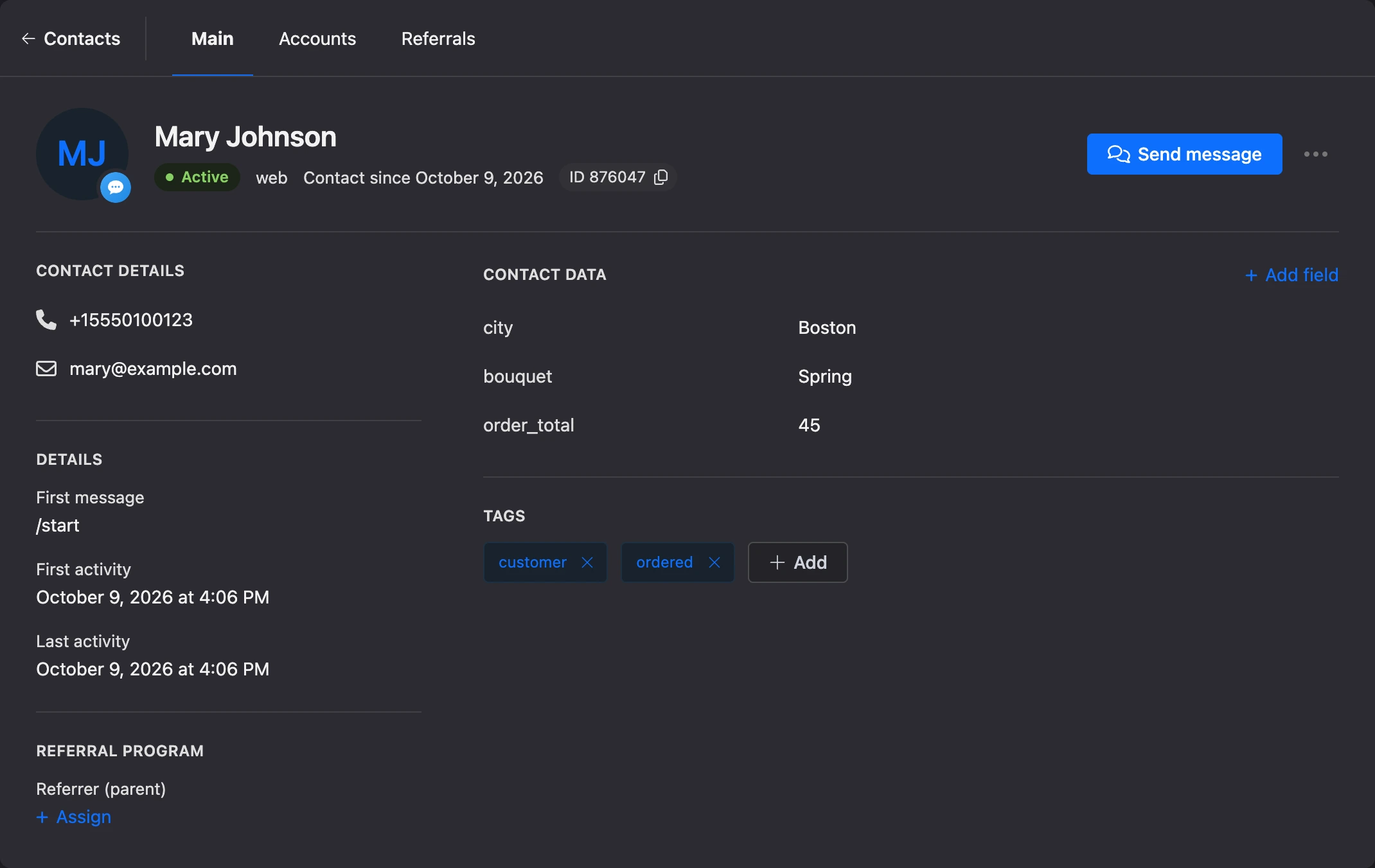 Contact card: header, contact details, data fields and tags