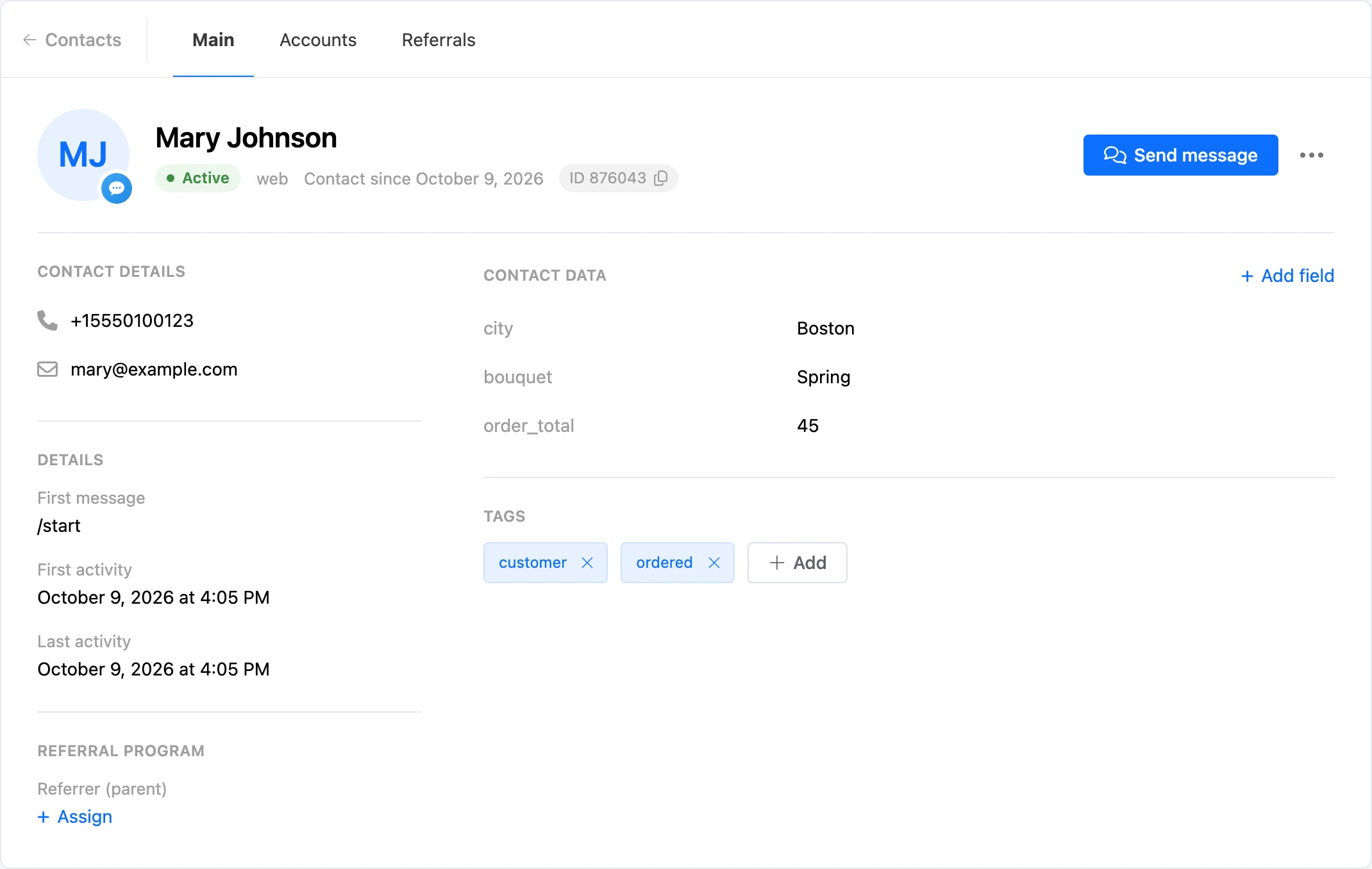 Contact card: header, contact details, data fields and tags