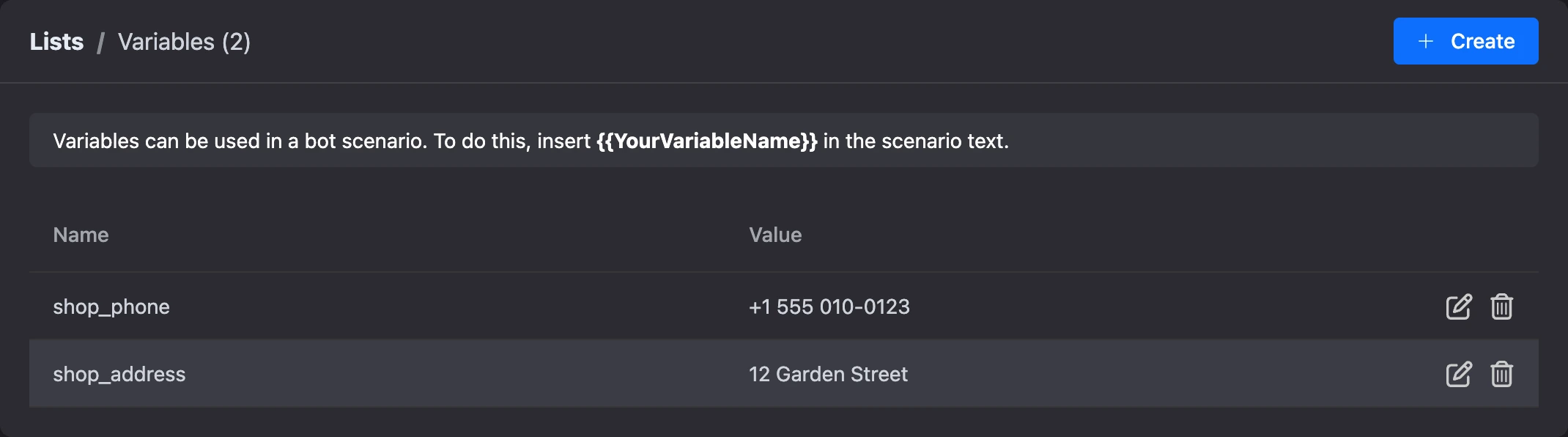 Global variables page of the bot