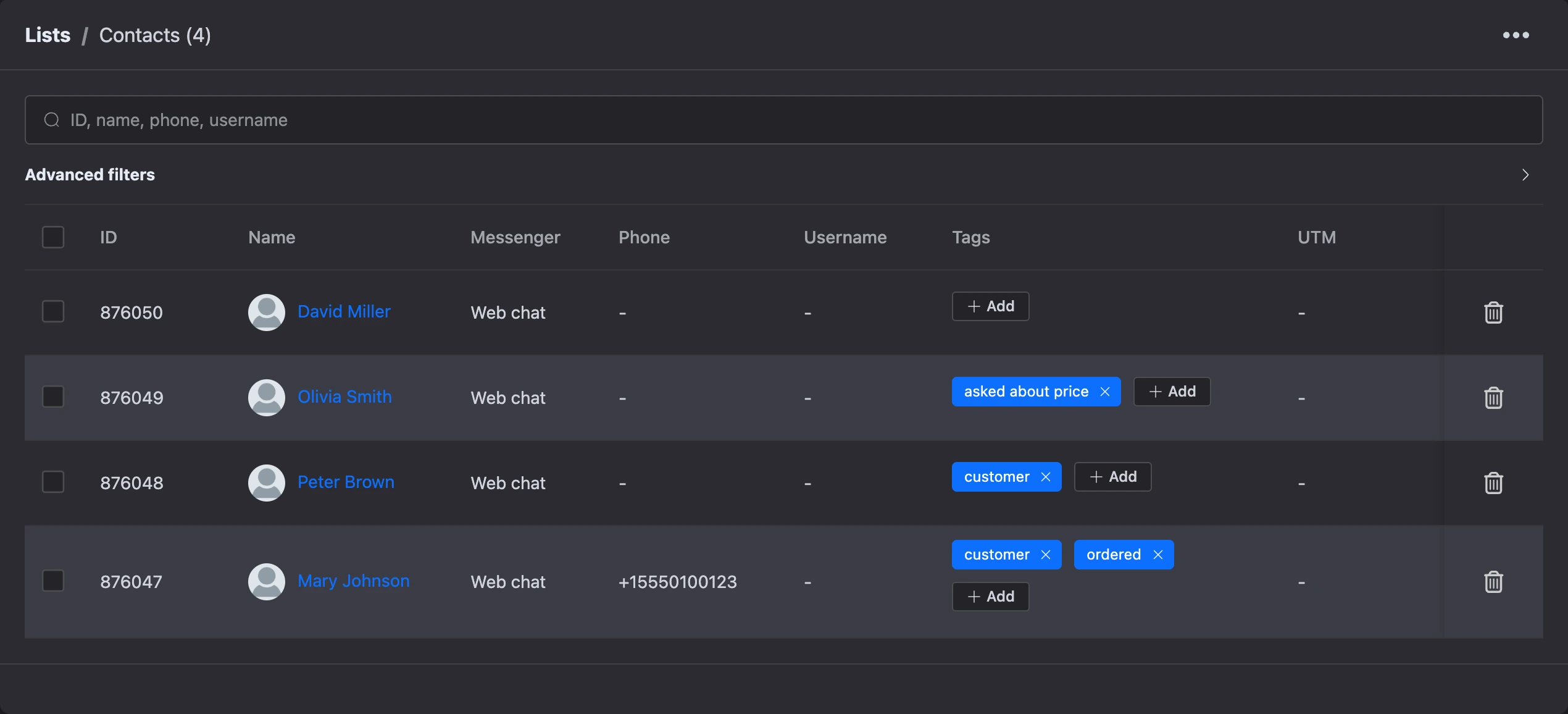 Bot contact list: search, advanced filters and the contact table with tags
