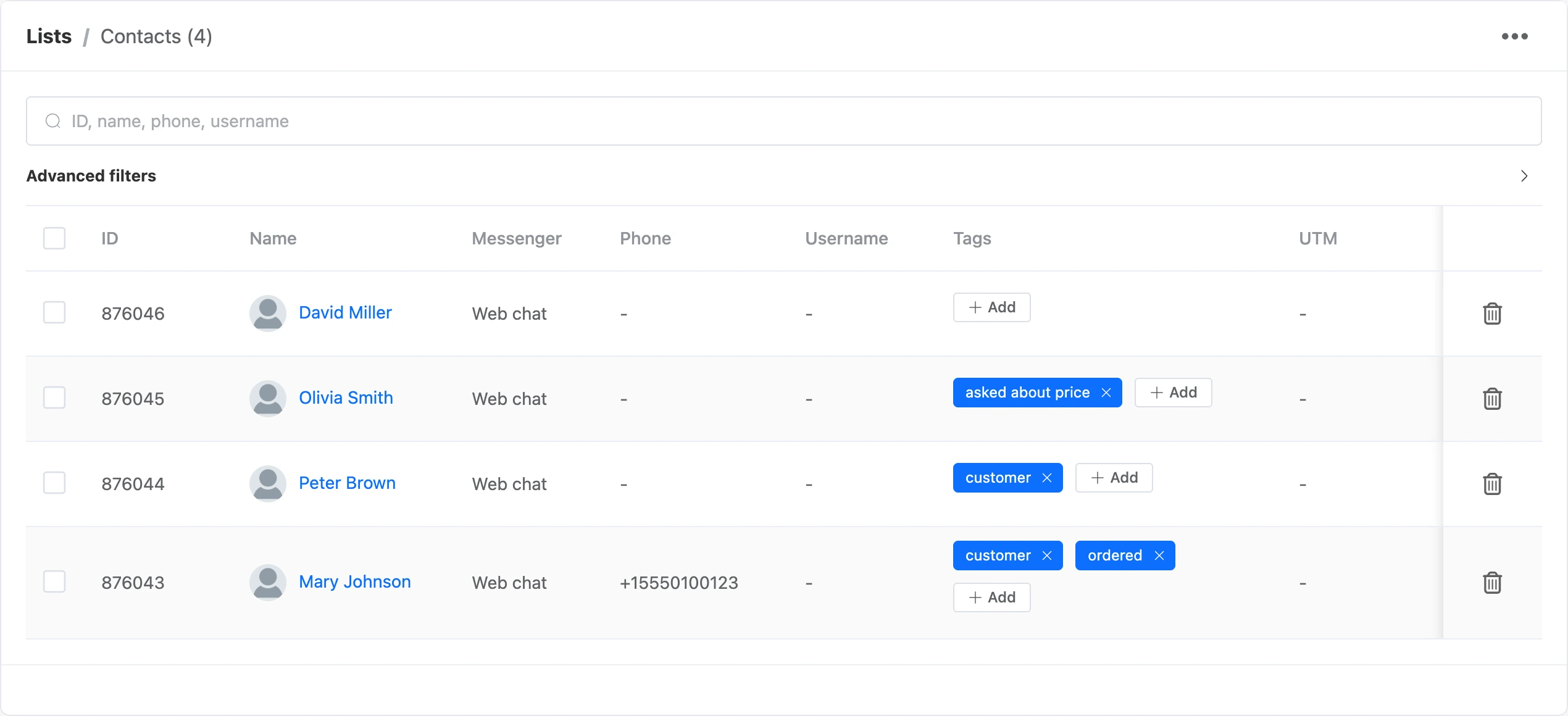 Bot contact list: search, advanced filters and the contact table with tags