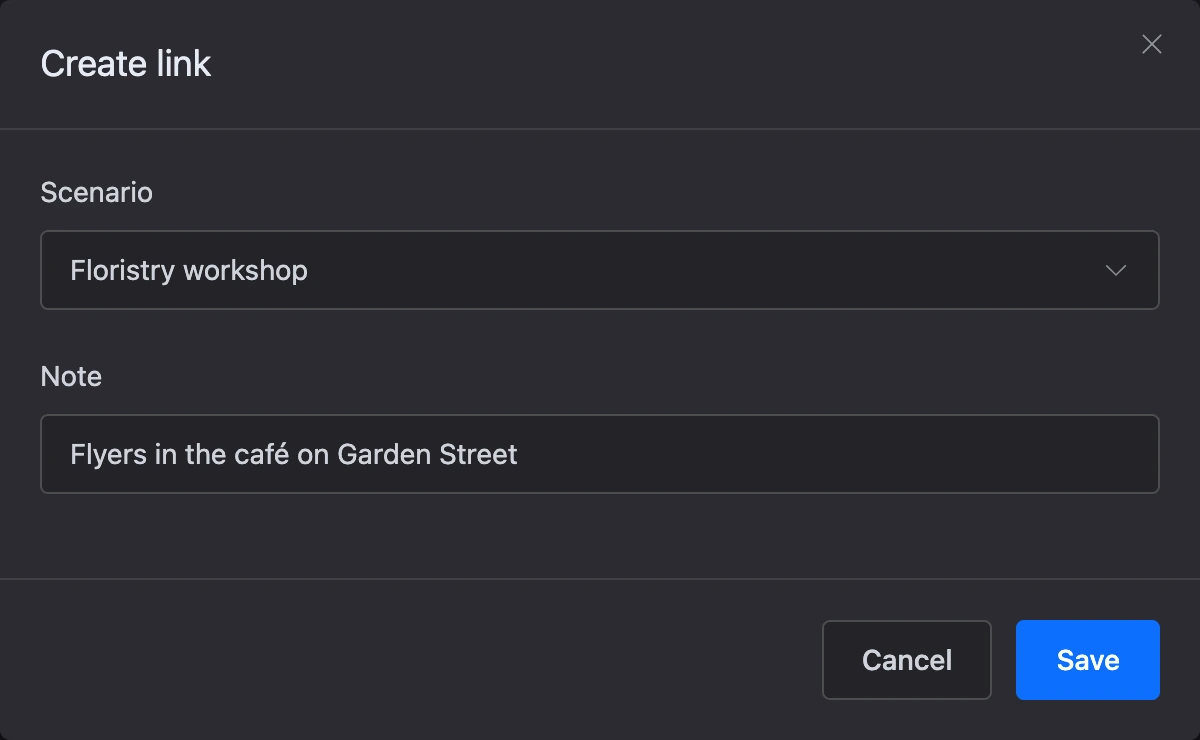 The "Create link" window with a chosen scenario and a note
