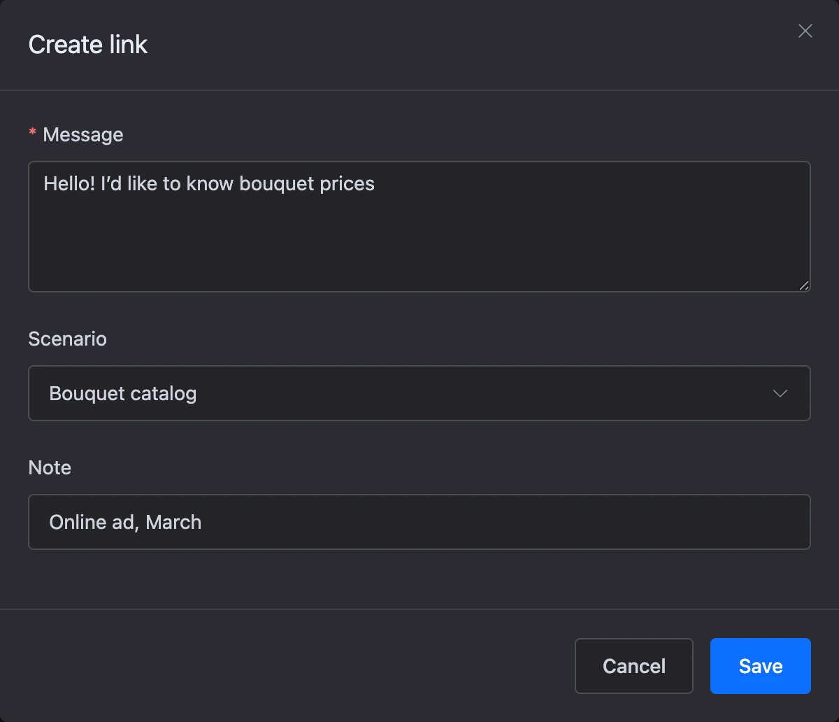 The window for creating a Viber link with the "Message" field