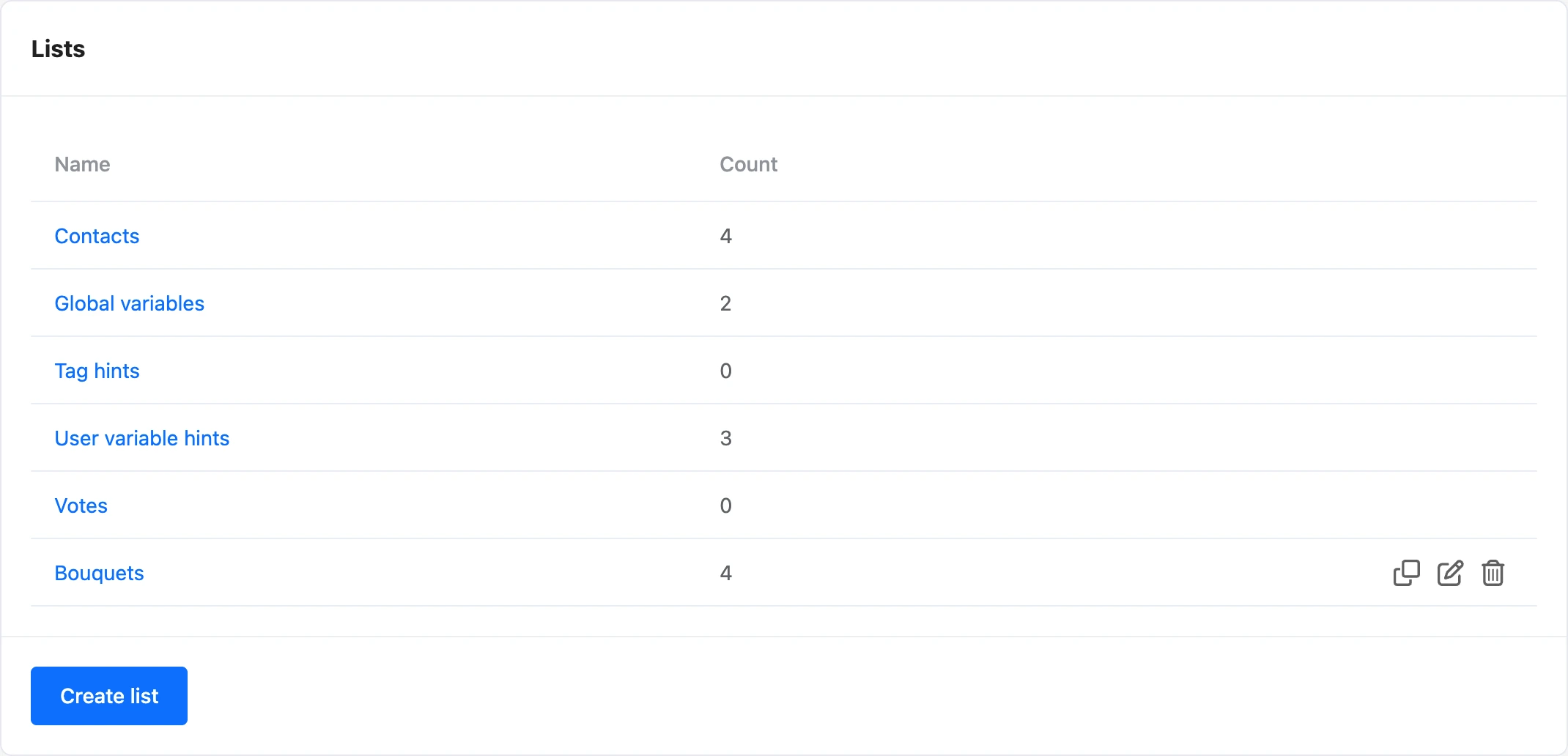 Lists section in the bot menu: built-in references and lists