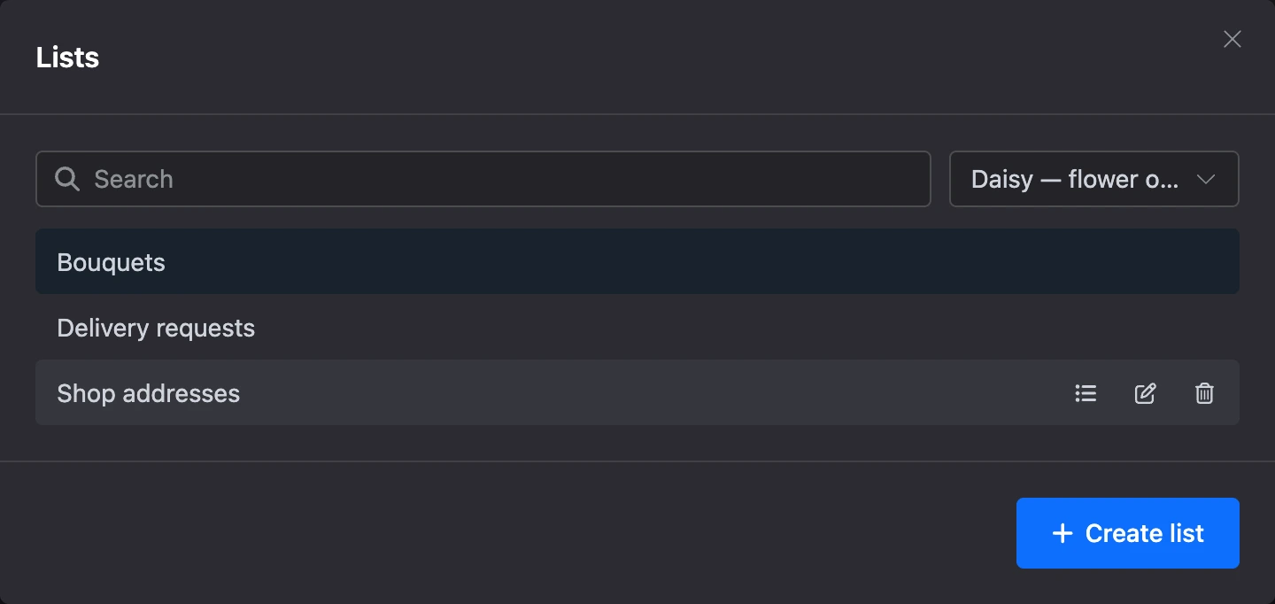 The Lists window from block settings: search, bot filter, the selected list and row icons