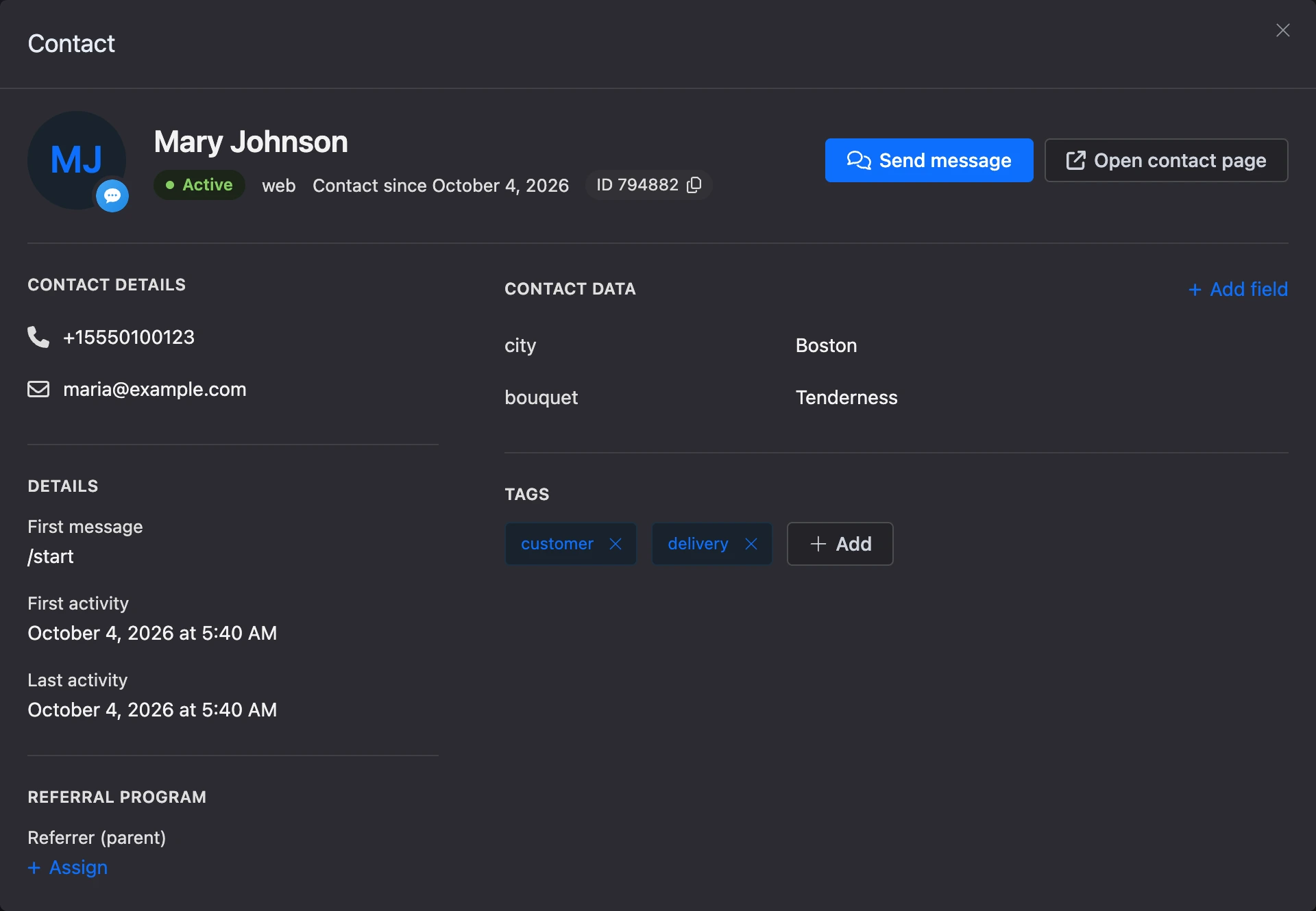 The Contact window for the bot owner: the full contact card