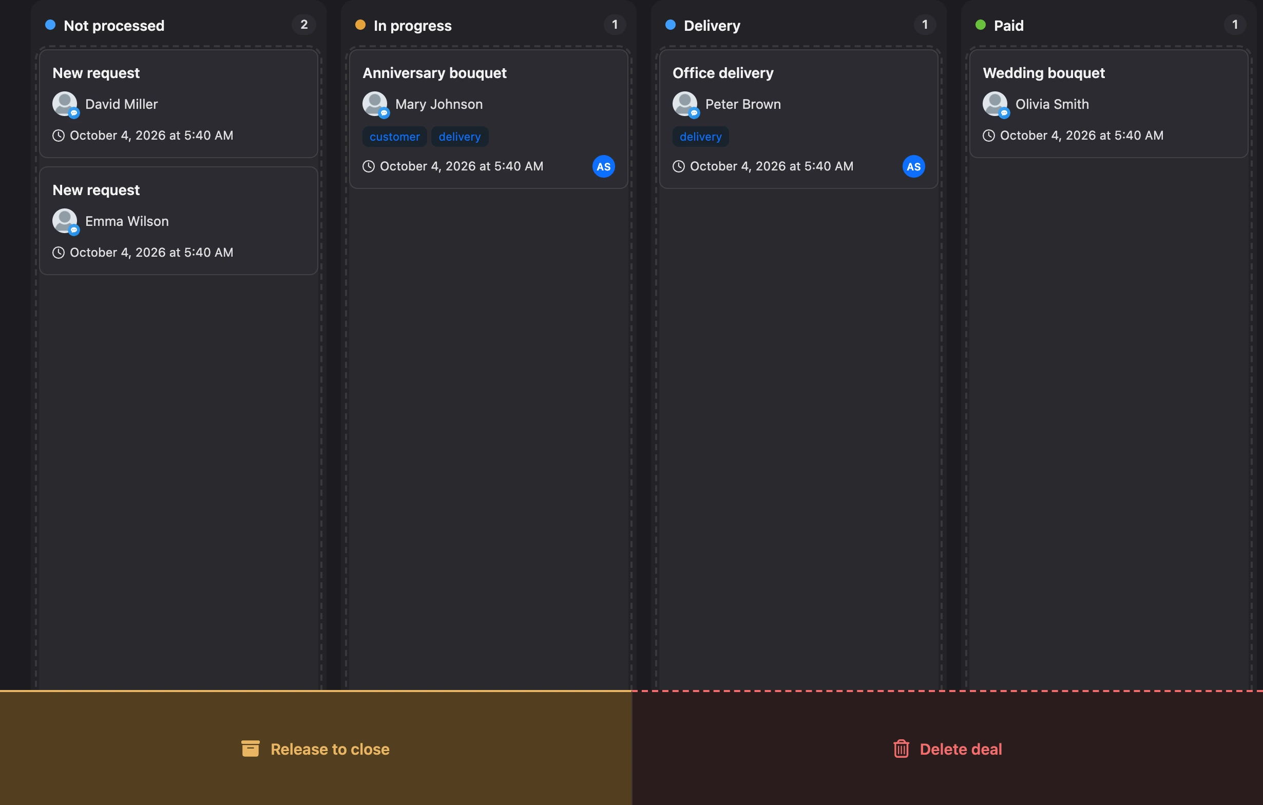 While dragging, the Close deal and Delete deal areas appear at the bottom of the board