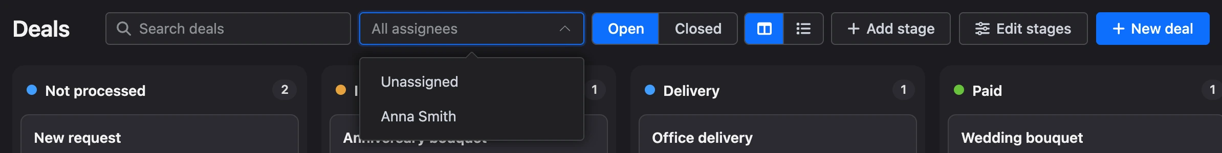 Deal search and the assignee filter above the board