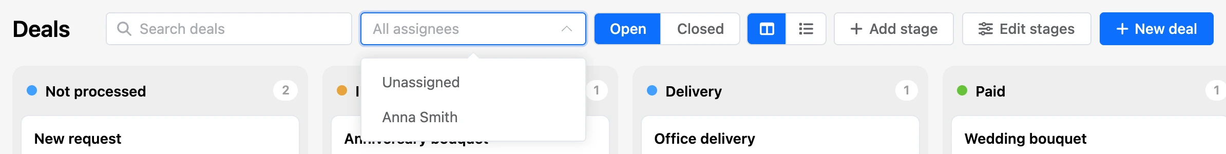 Deal search and the assignee filter above the board