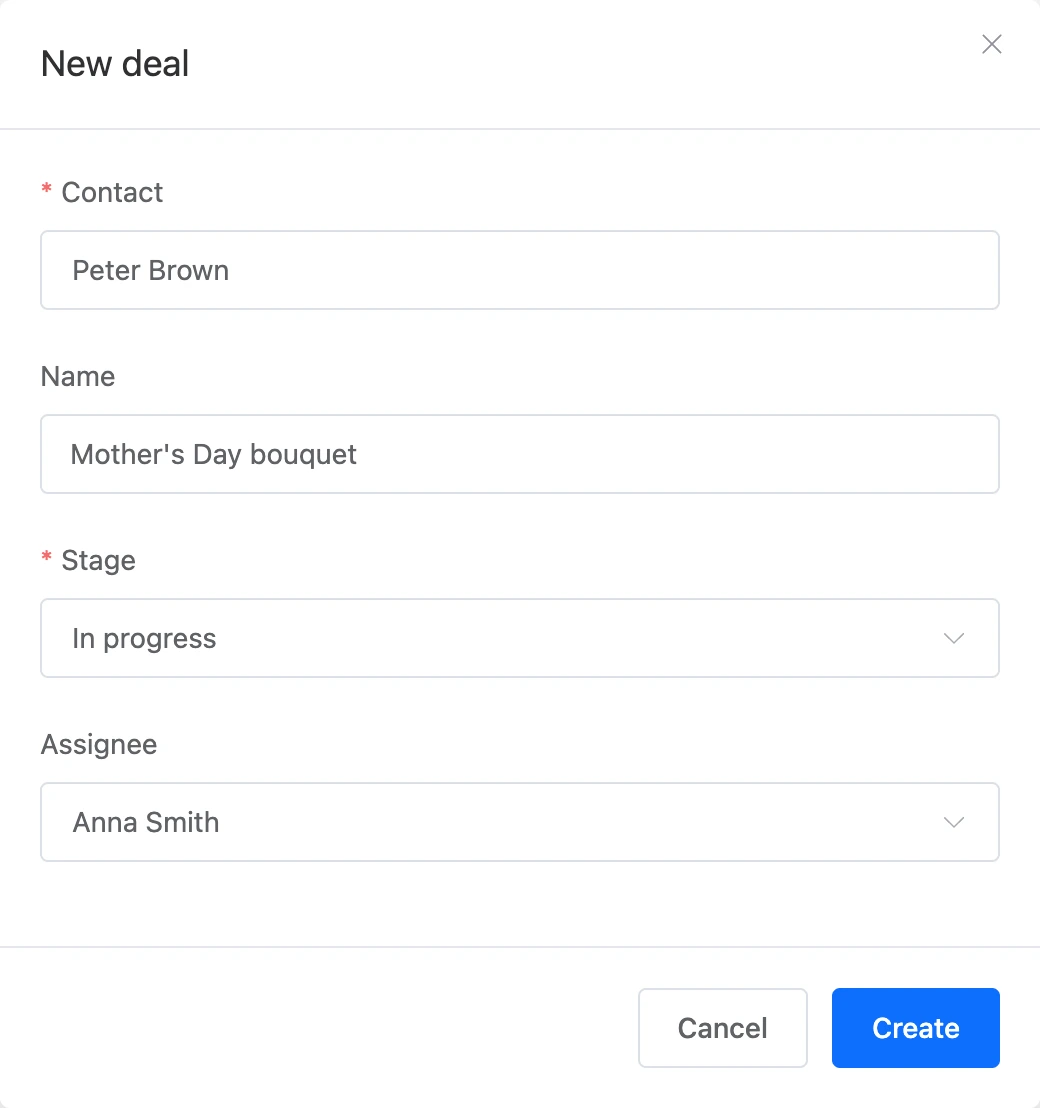 The New deal window: contact, name, stage and assignee