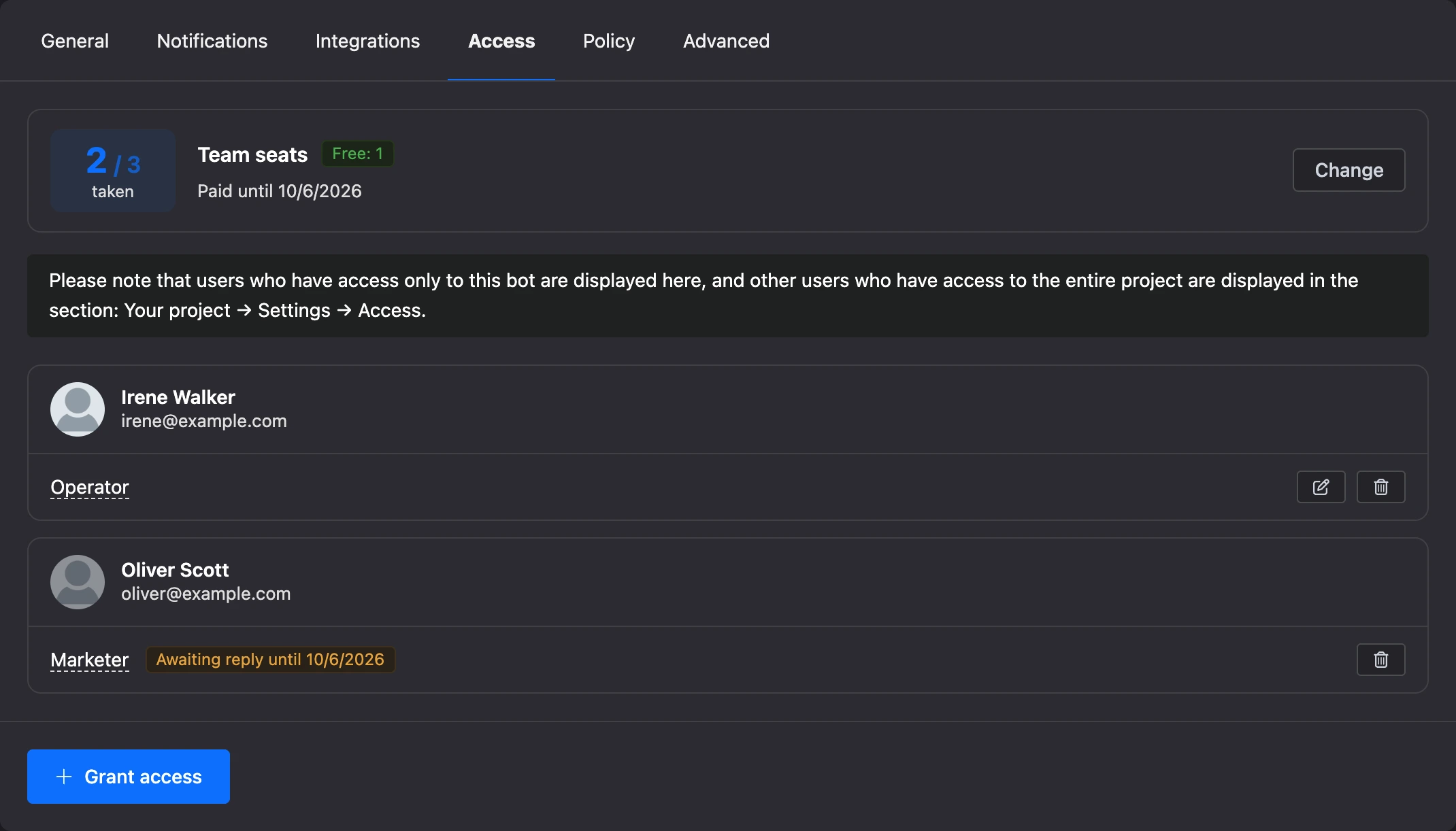 The Access tab: team seats, an employee with a role and a pending invitation