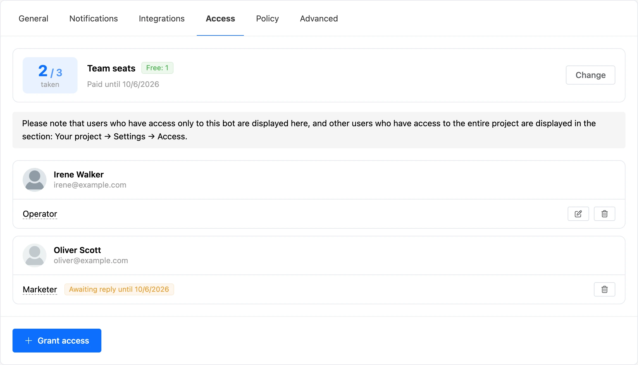 The Access tab: team seats, an employee with a role and a pending invitation