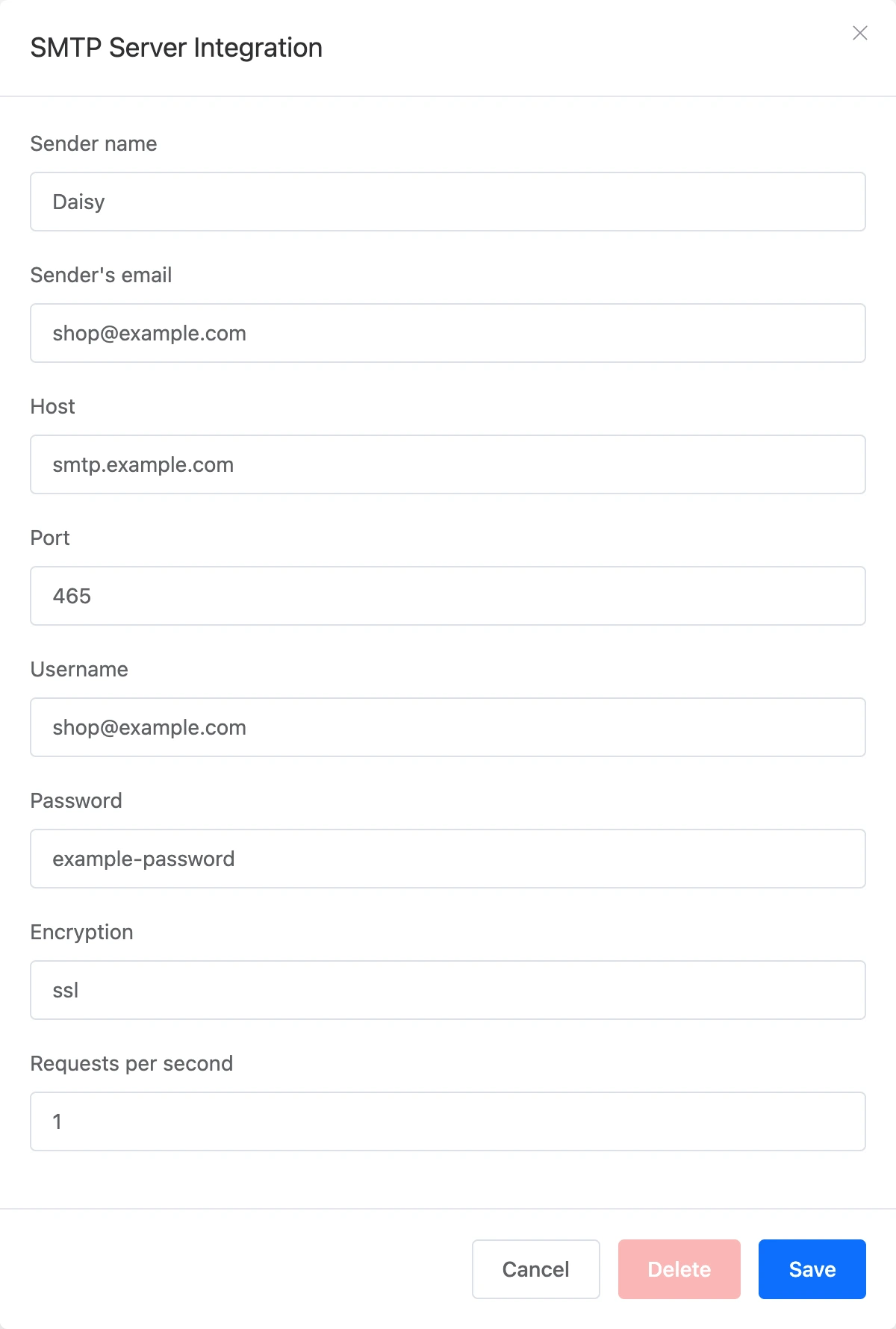 The SMTP server integration window