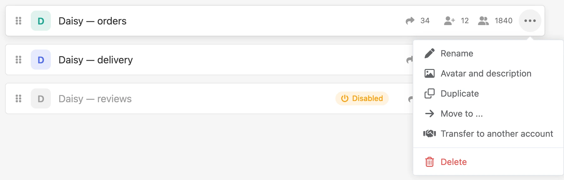 The open "⋯" menu in a bot's row