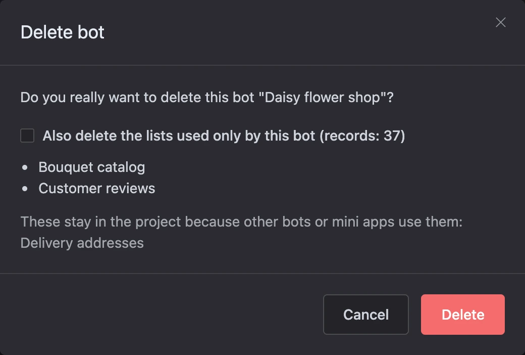 Confirmation of deleting a bot