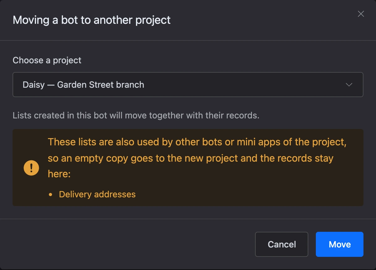 The "Moving a bot to another project" window with a project selected