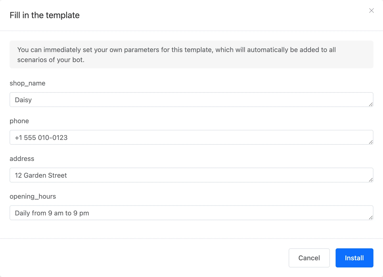 The "Fill in the template" window with your own values