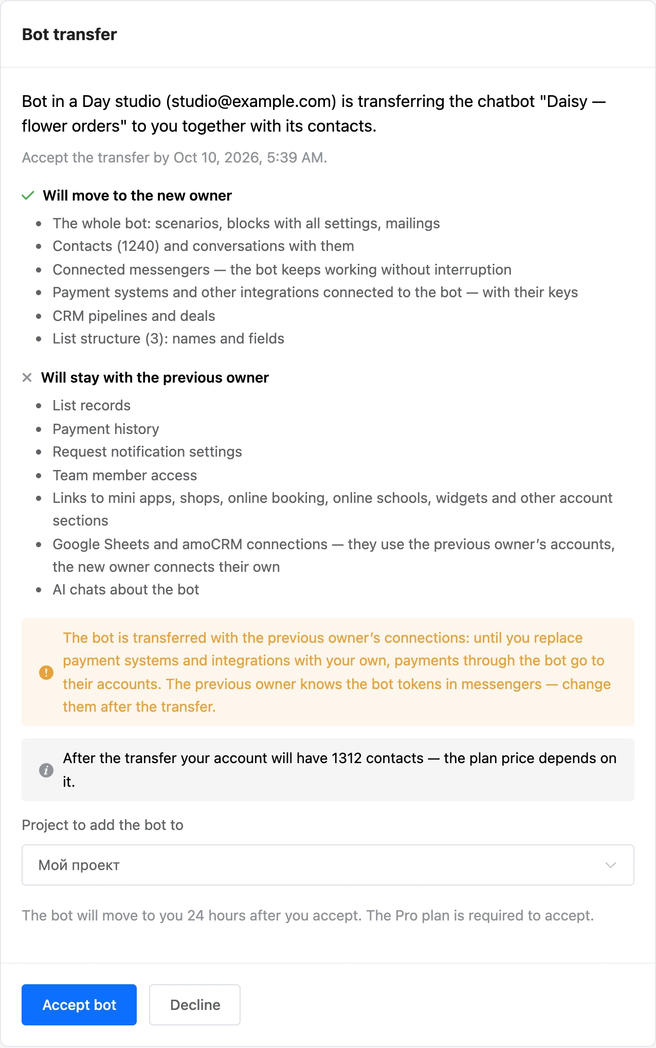 The Bot transfer page for the recipient: what moves, the project and the Accept bot and Decline buttons