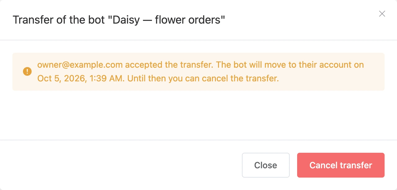 The transfer window after the recipient accepted, with the Cancel transfer button