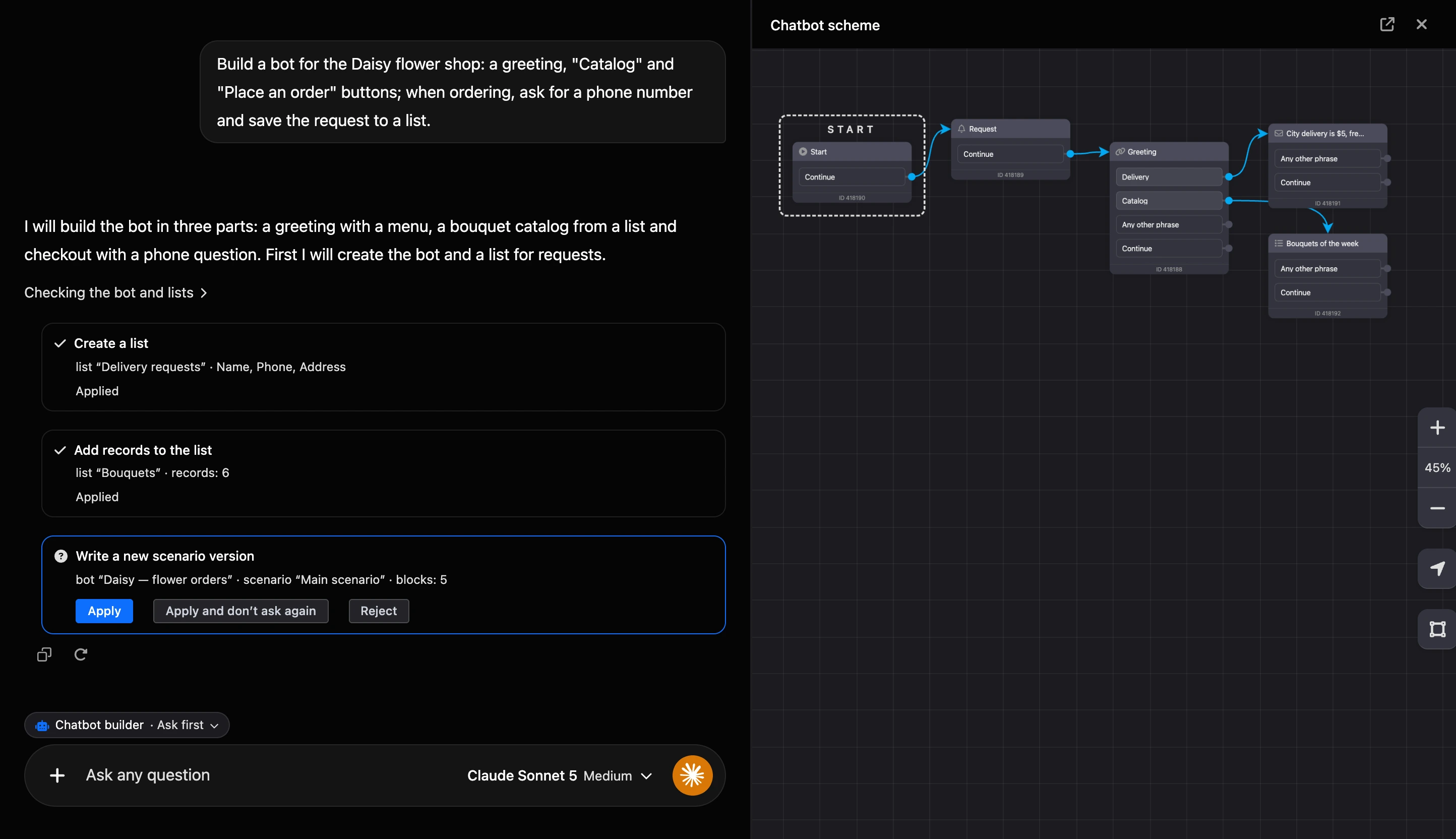 Building in the AI chat: change cards with Apply and Reject buttons, the Chatbot scheme panel on the right