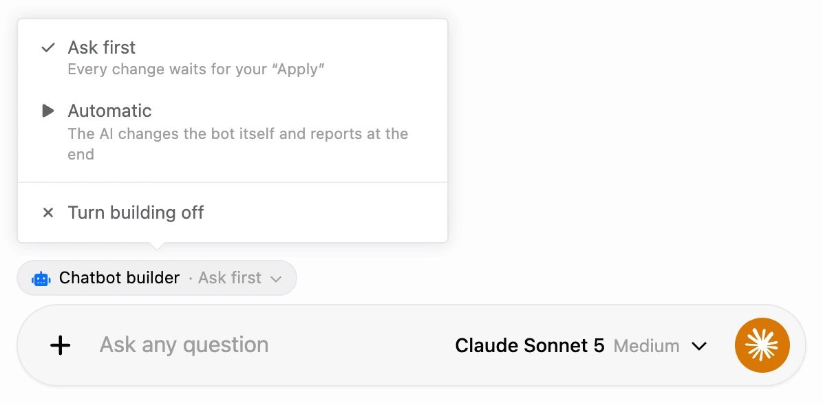 The "Chatbot builder" chip above the message field and its mode menu