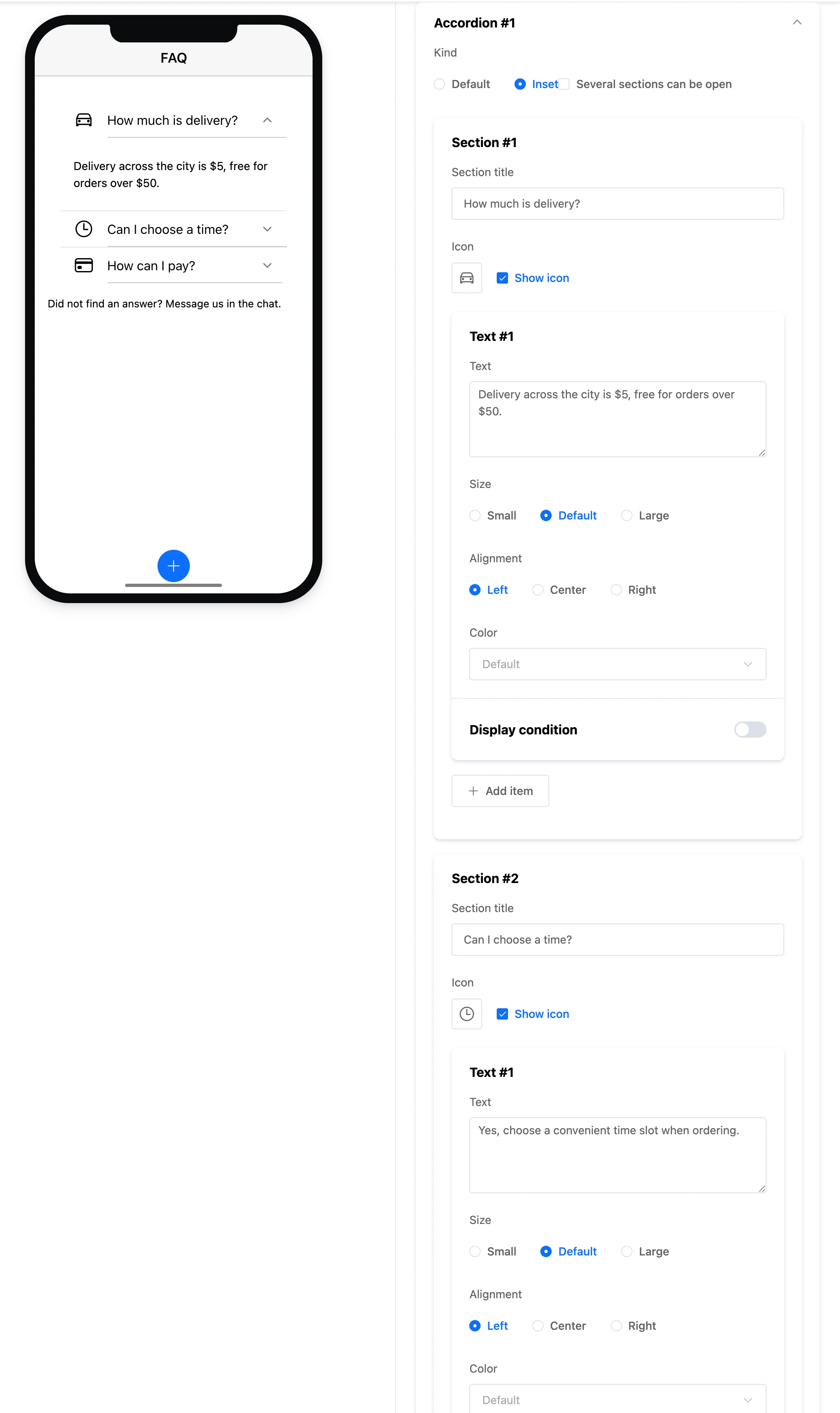 The "Accordion" element: three sections with icons and the element's settings